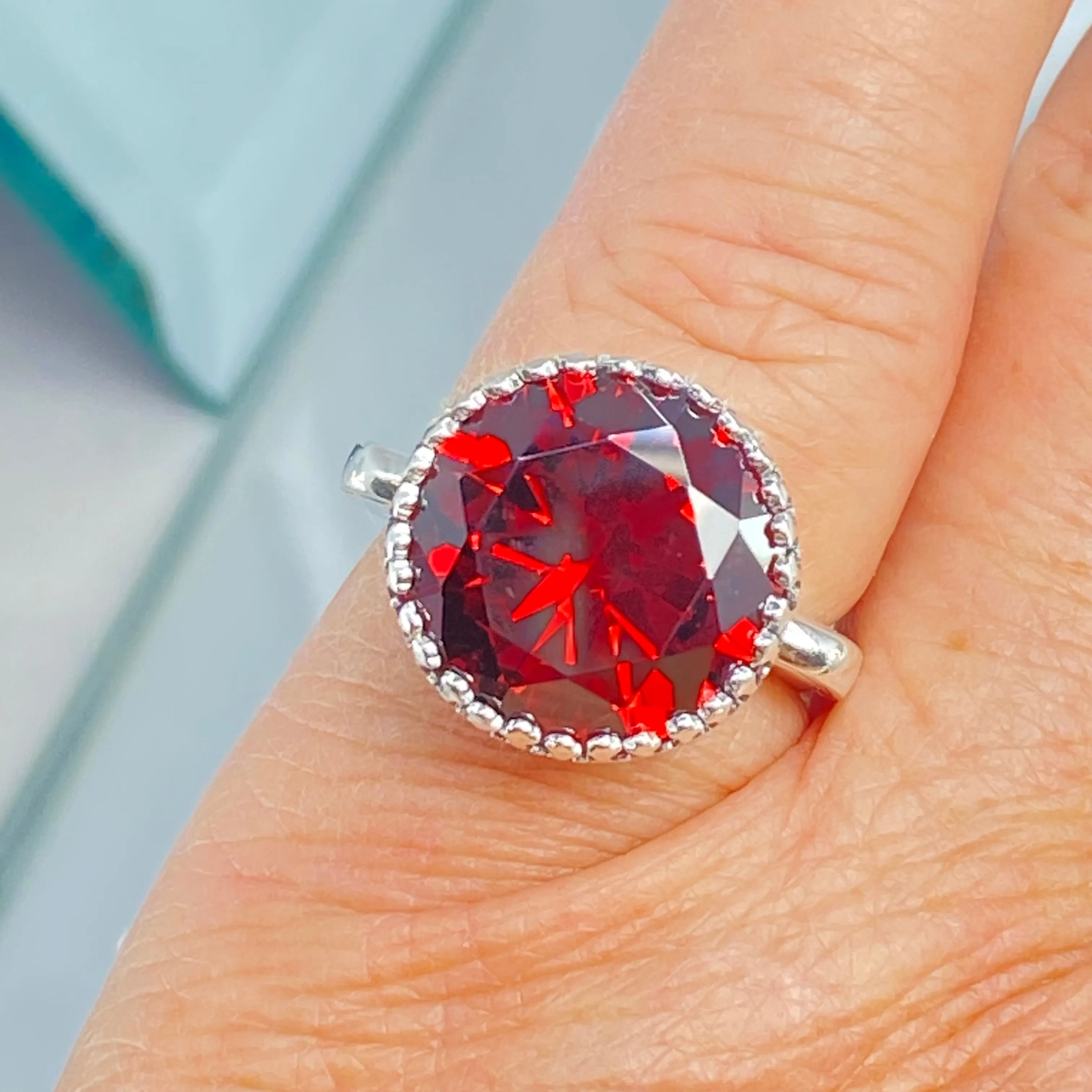 Garnet CZ Ring, Size 8, Round Gem, Silver Filigree Art Deco Jewelry, D188 - Ready to Ship