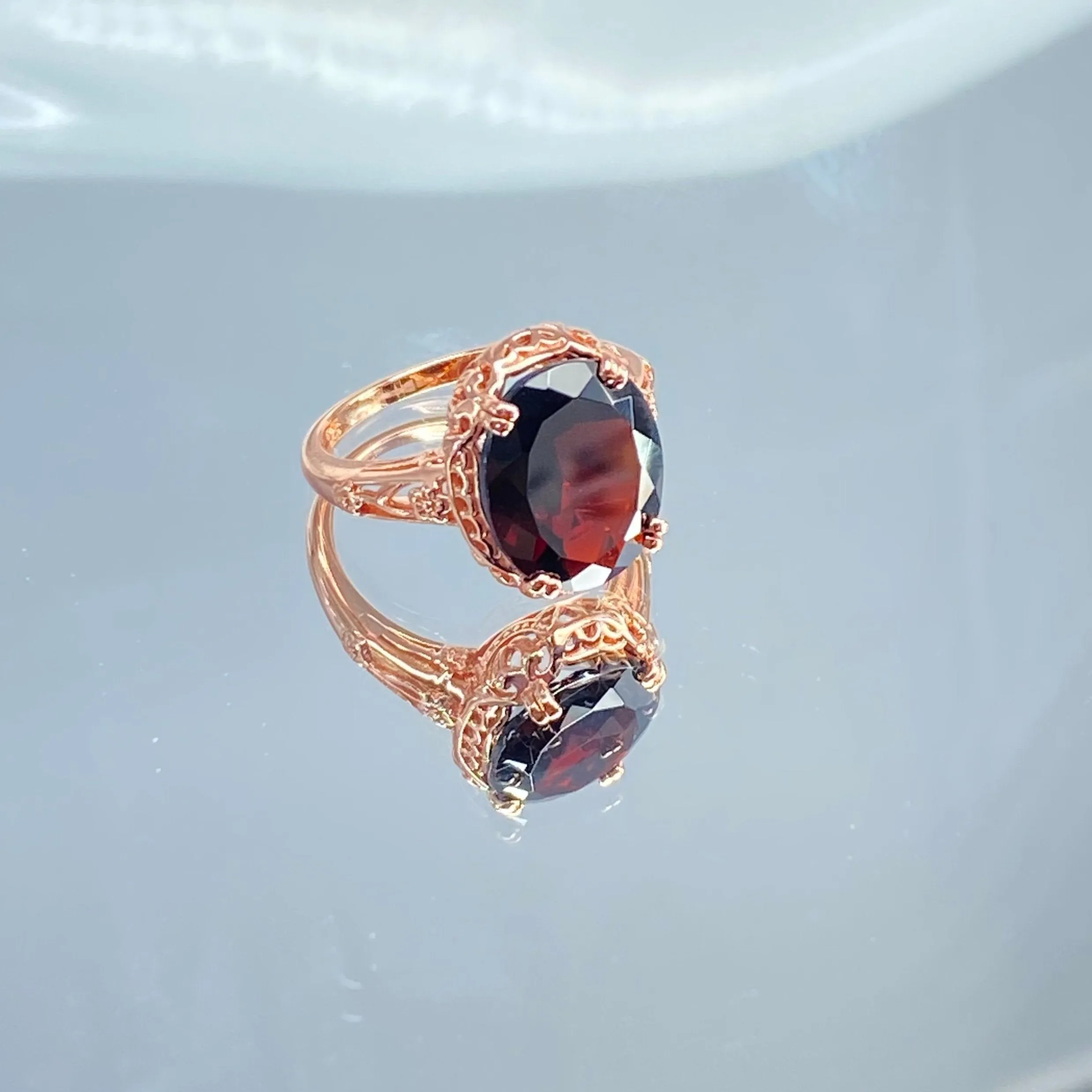 Garnet Ring, Rose Gold, Natural Gemstone, Edwardian Antique Reproduction Jewelry#D70z