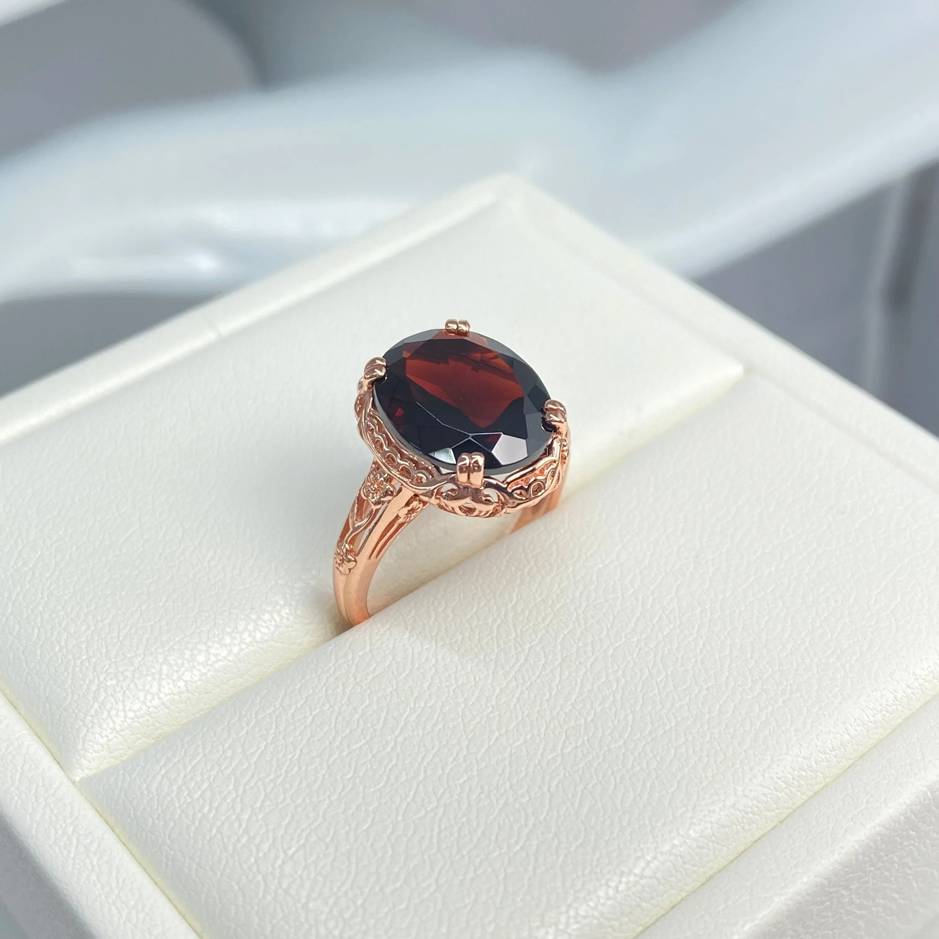Garnet Ring, Rose Gold, Natural Gemstone, Edwardian Antique Reproduction Jewelry#D70z