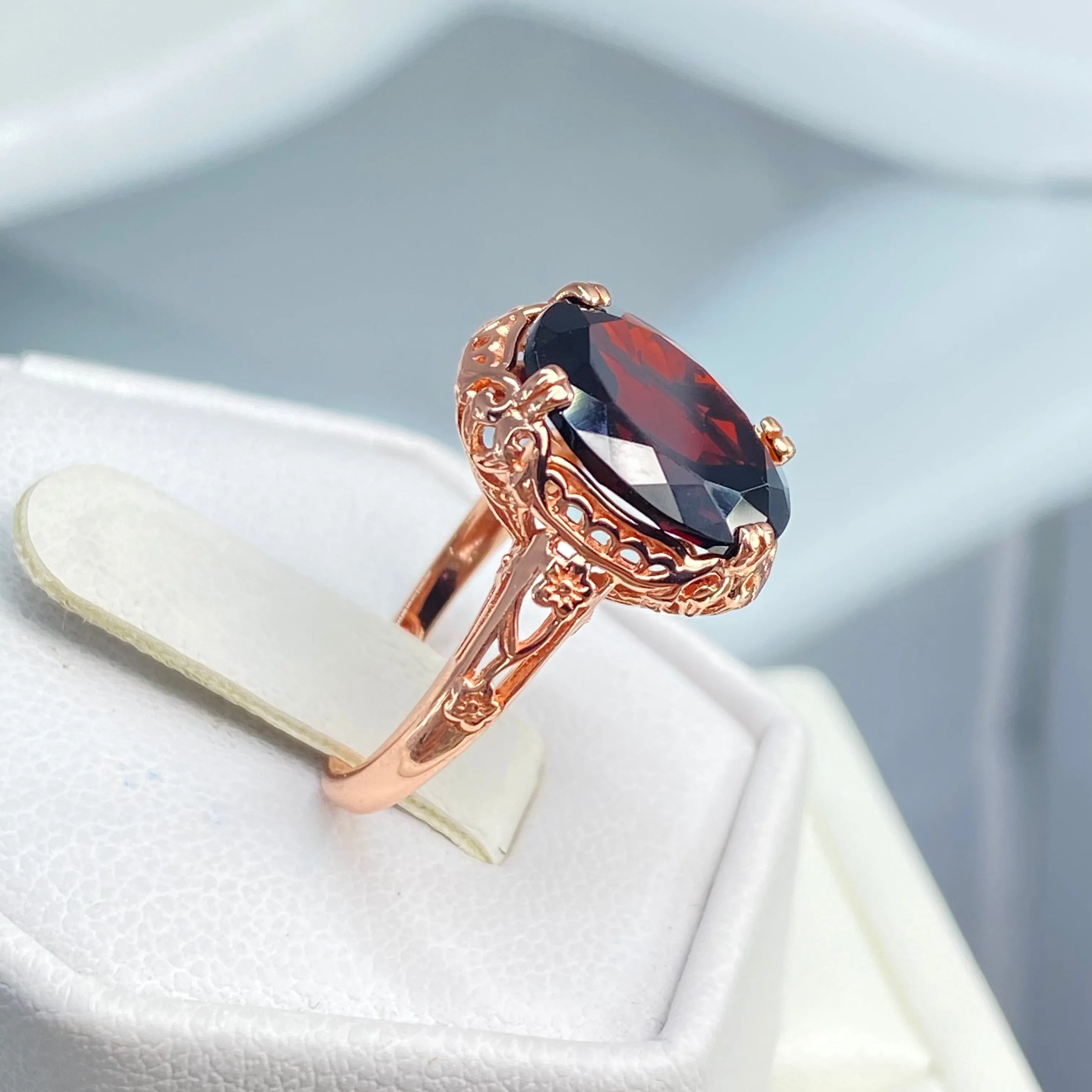 Garnet Ring, Rose Gold, Natural Gemstone, Edwardian Antique Reproduction Jewelry#D70z