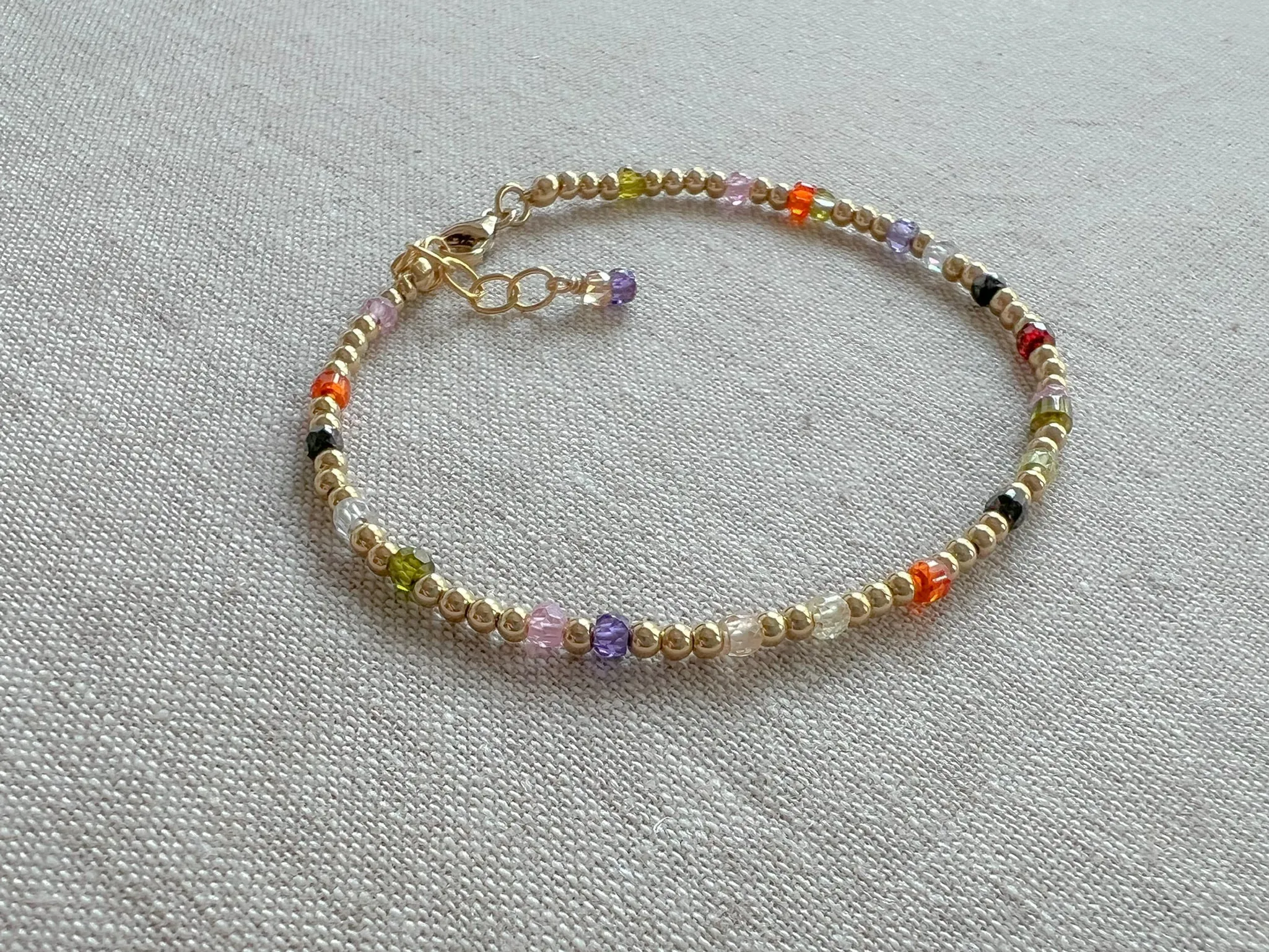 Gold Beaded Bracelet with Multi Colored Cubic Zirconia Accents, 3mm