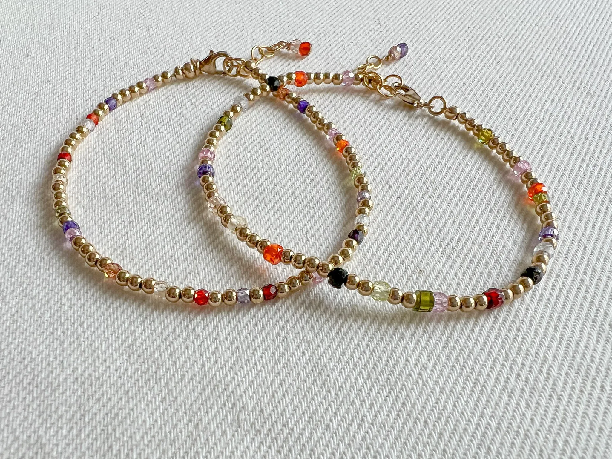 Gold Beaded Bracelet with Multi Colored Cubic Zirconia Accents, 3mm