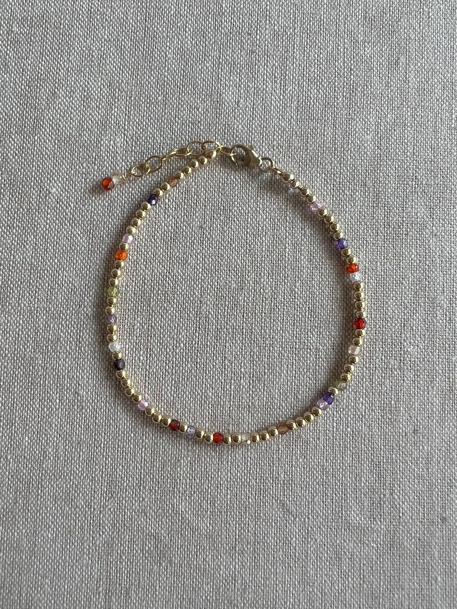 Gold Beaded Bracelet with Multi Colored Cubic Zirconia Accents, 3mm