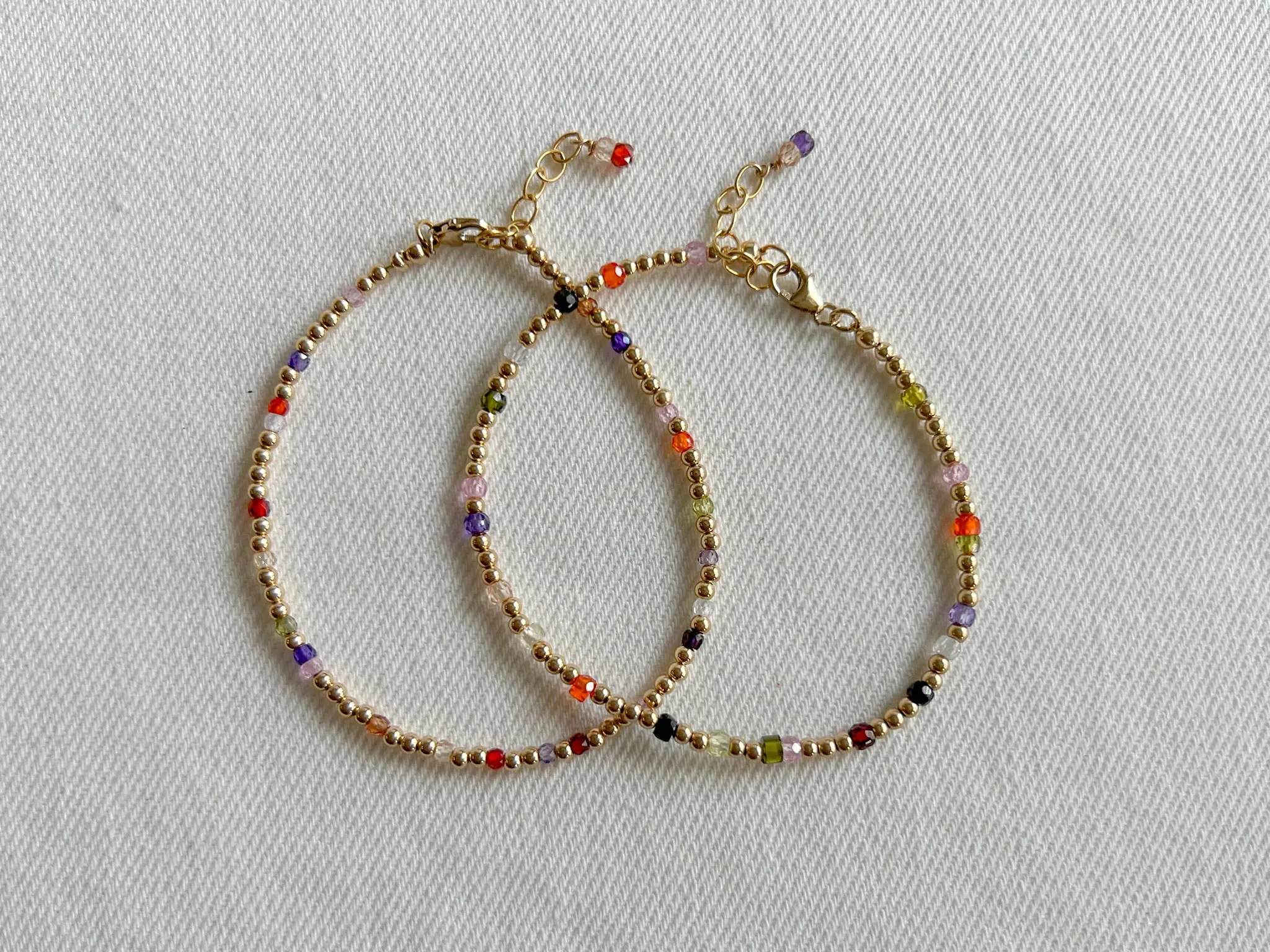 Gold Beaded Bracelet with Multi Colored Cubic Zirconia Accents, 3mm