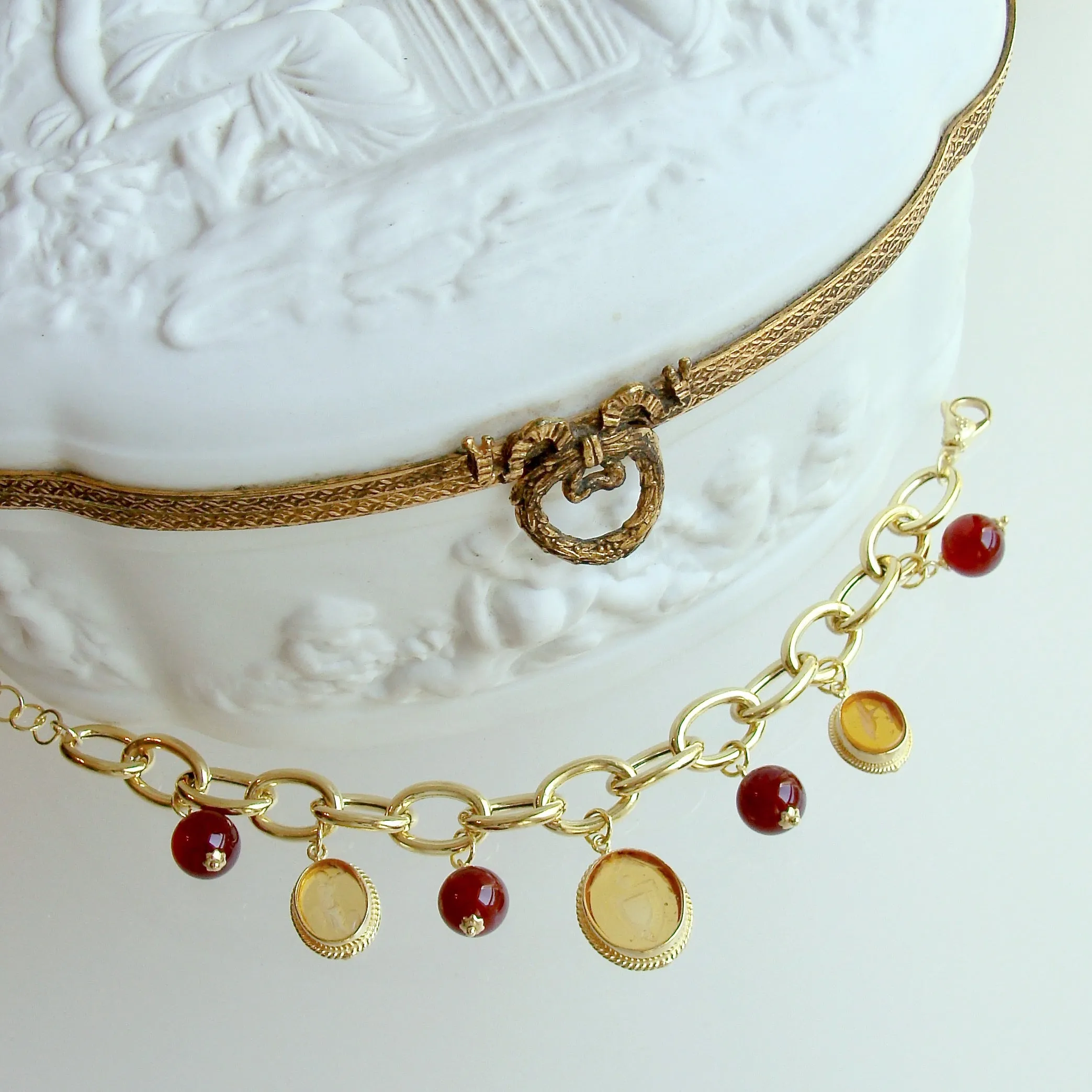 Gold Intaglios and Carnelian Charm Bracelet with Adjustable Clasp - Piedmont Bracelet