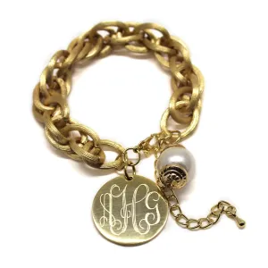 Gold Monogram Charm Bracelet with Pearl