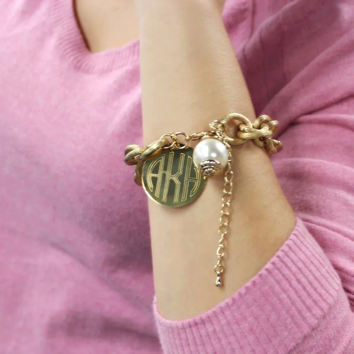 Gold Monogram Charm Bracelet with Pearl