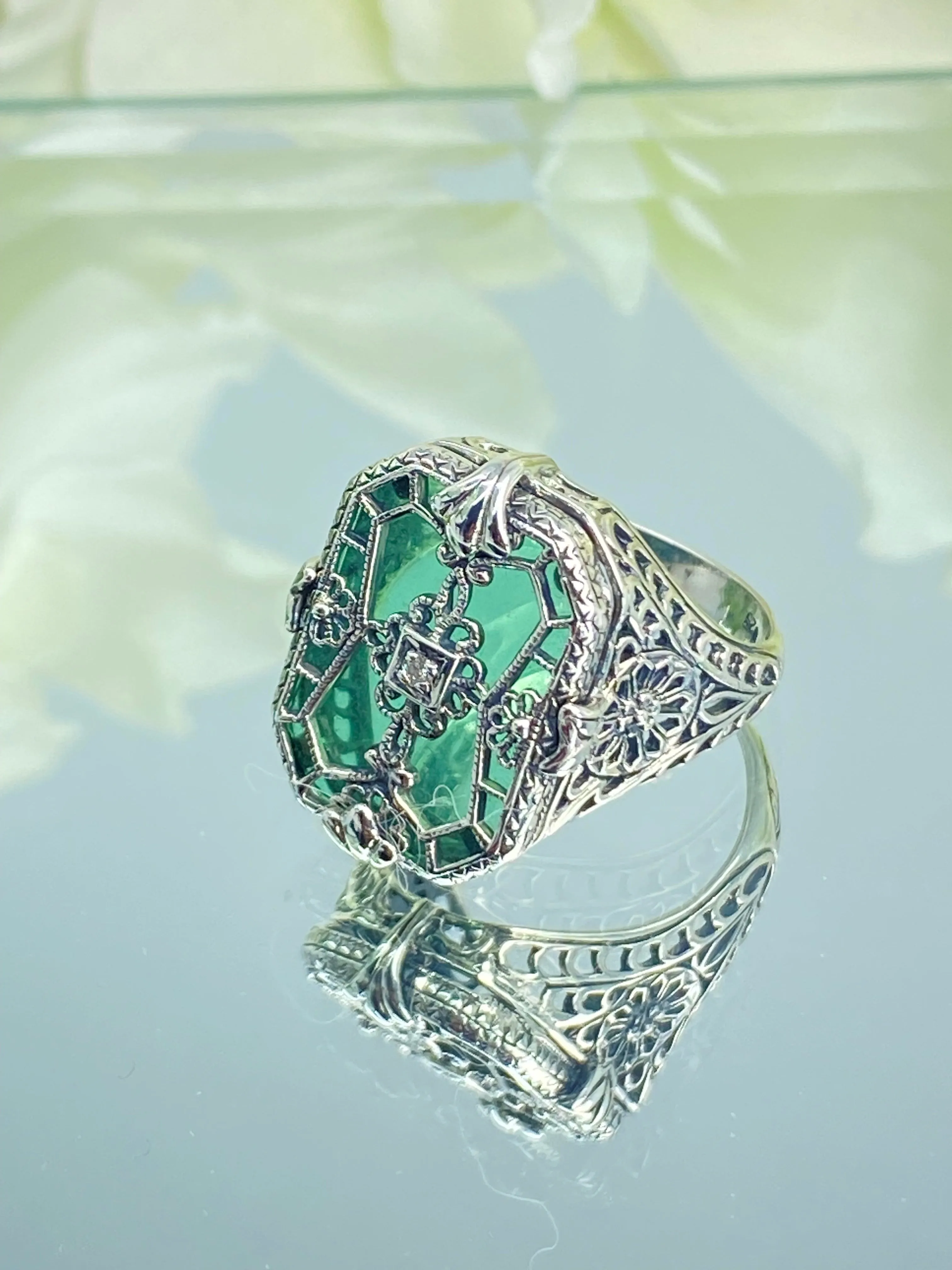 Green Camphor Glass Ring, Emerald Green Camphor Glass & Inset Gem, Art Deco Jewelry #D203