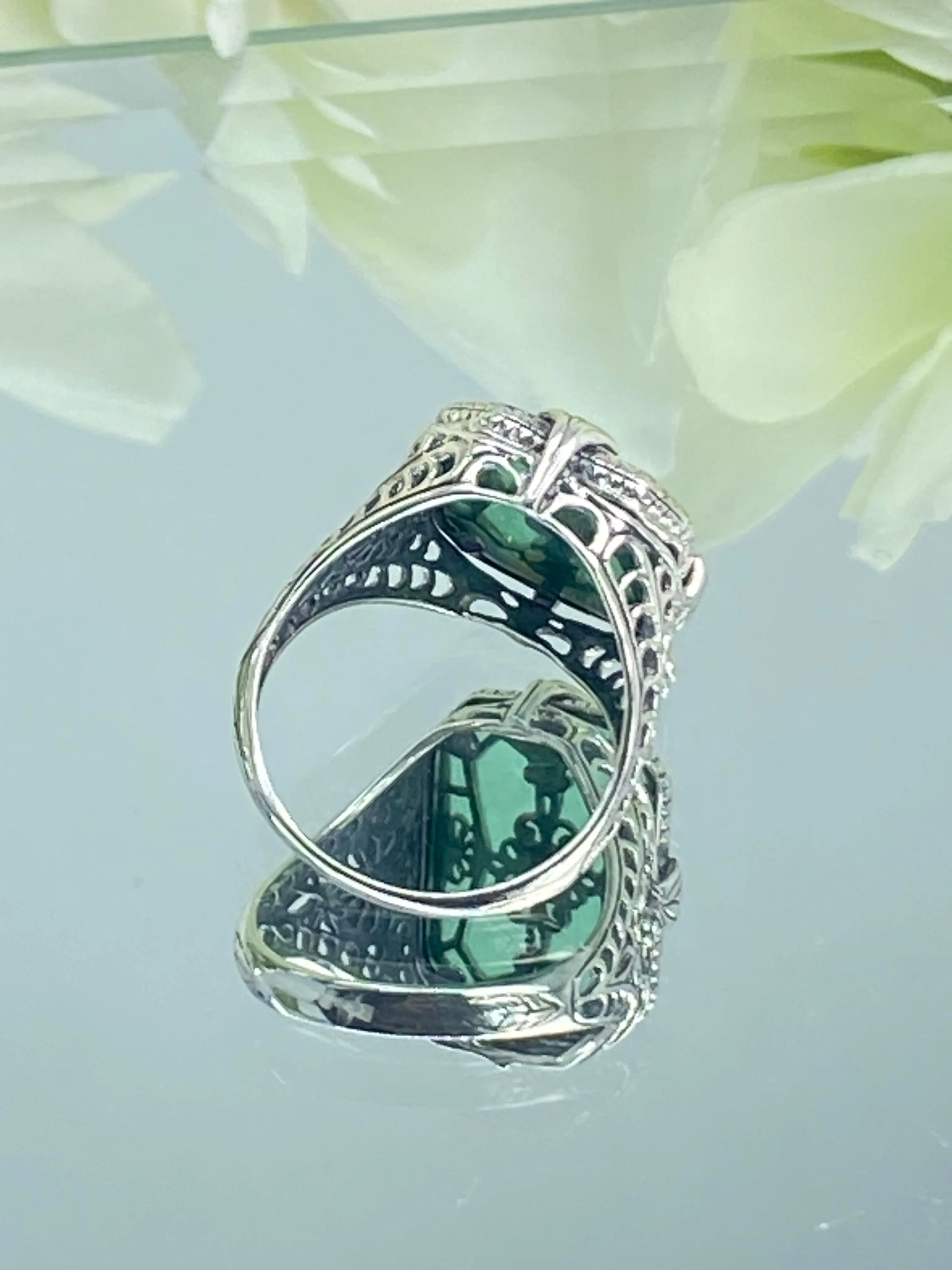 Green Camphor Glass Ring, Size 7.5, Emerald Camphor Glass & Diamond Inset Gem, Art Deco Jewelry #D203 - Ready to Ship