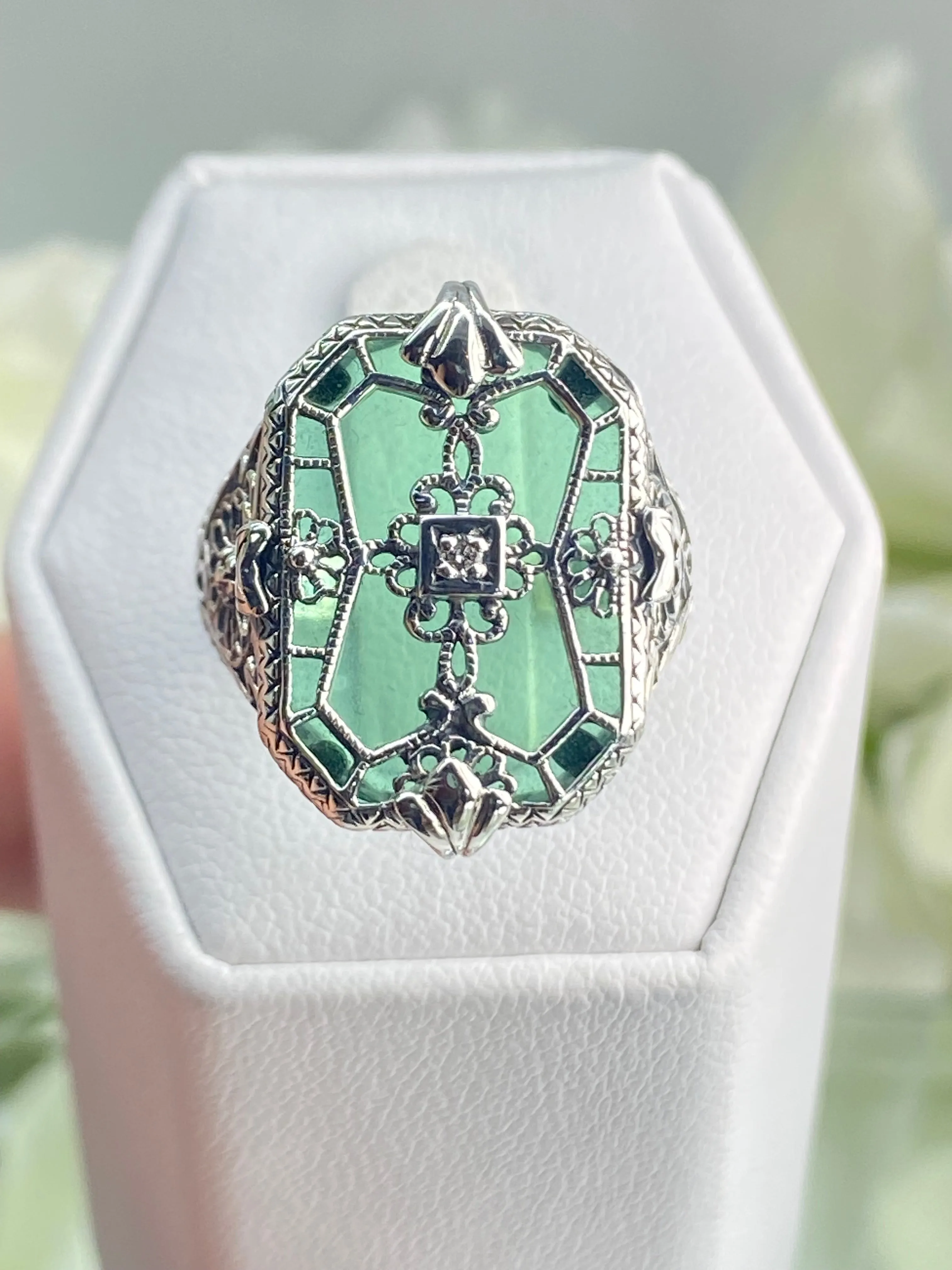 Green Camphor Glass Ring, Size 7.5, Emerald Camphor Glass & Diamond Inset Gem, Art Deco Jewelry #D203 - Ready to Ship
