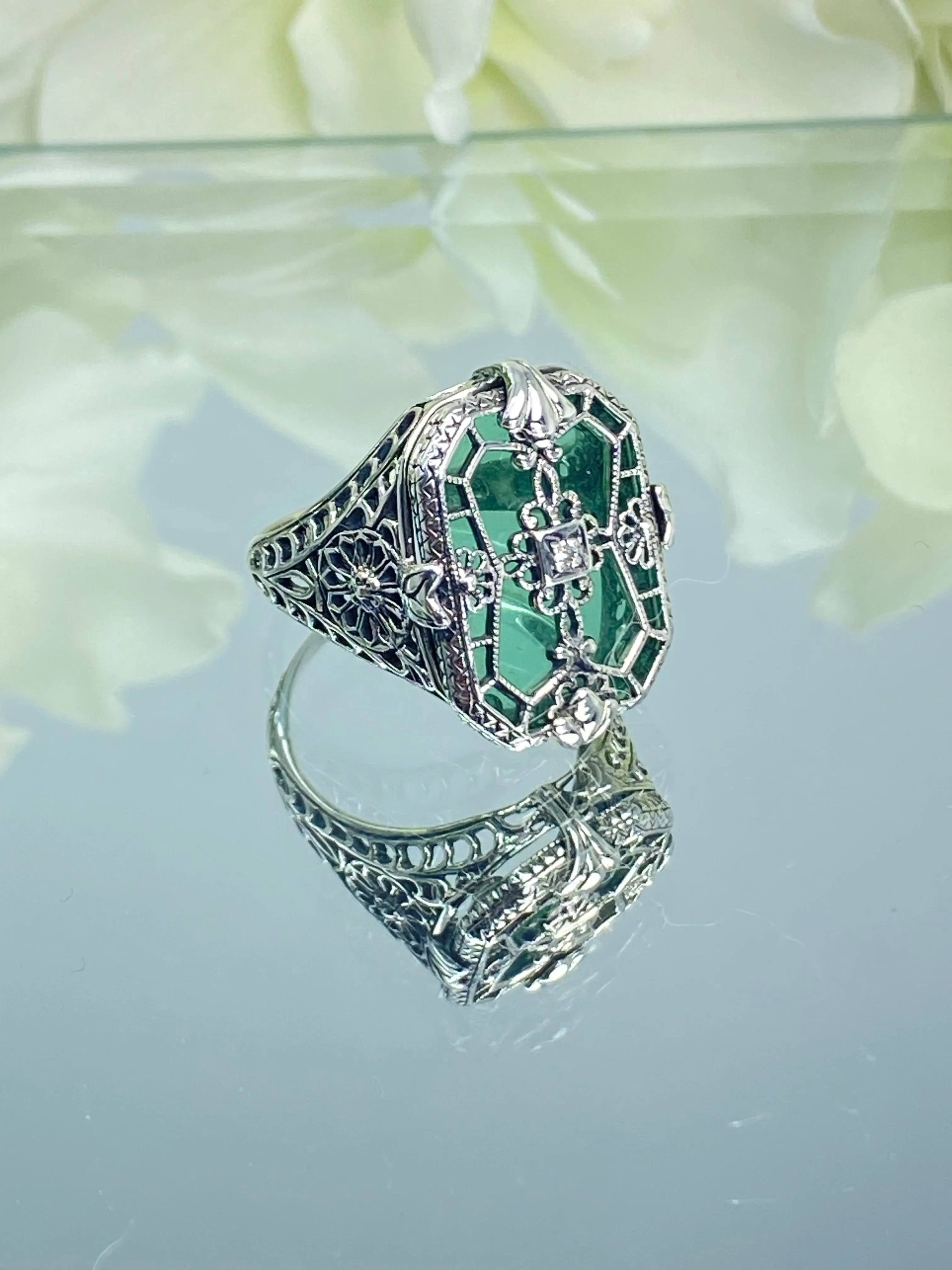 Green Camphor Glass Ring, Size 7.5, Emerald Camphor Glass & Diamond Inset Gem, Art Deco Jewelry #D203 - Ready to Ship