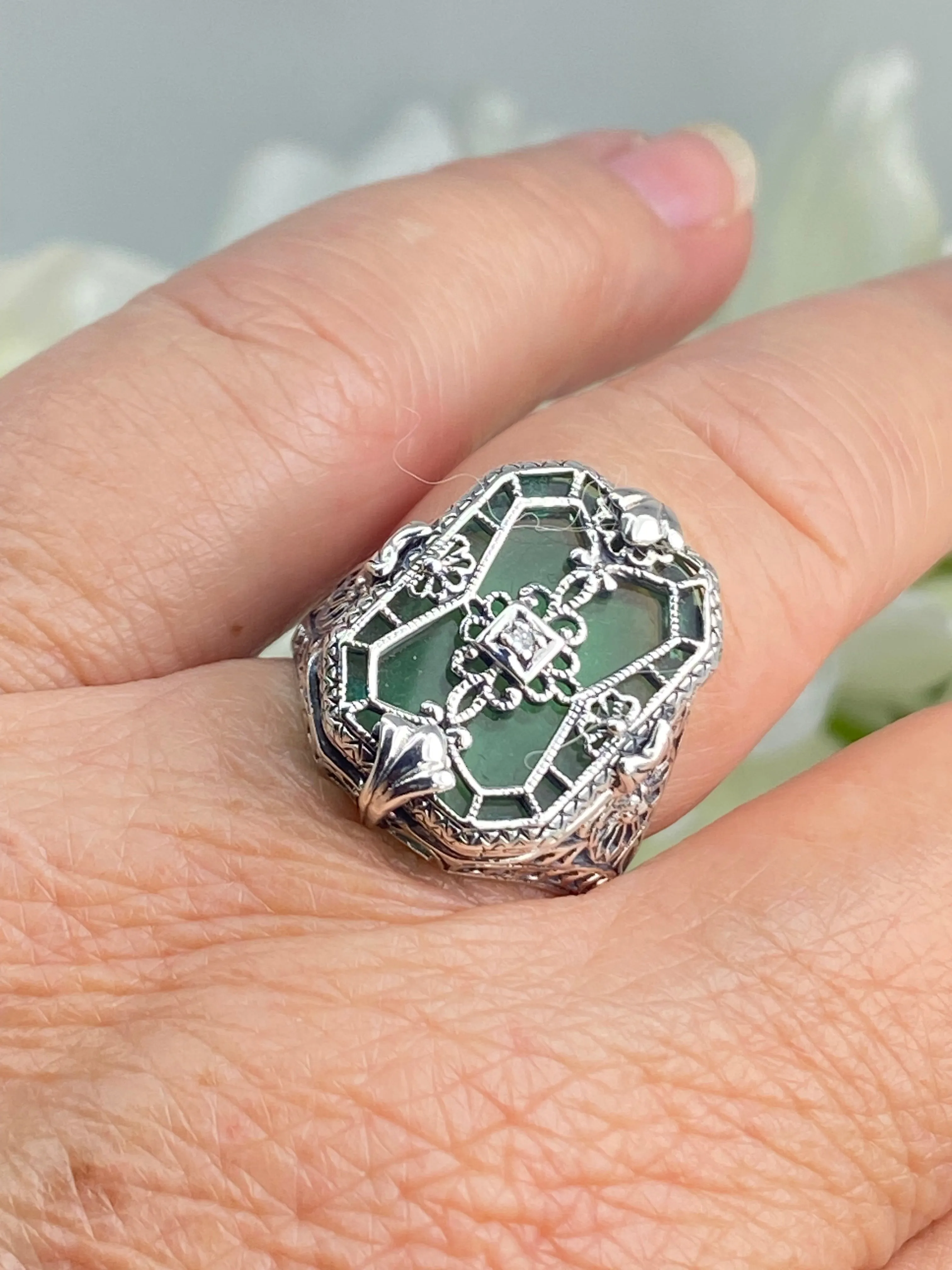 Green Camphor Glass Ring, Size 7.5, Emerald Camphor Glass & Diamond Inset Gem, Art Deco Jewelry #D203 - Ready to Ship