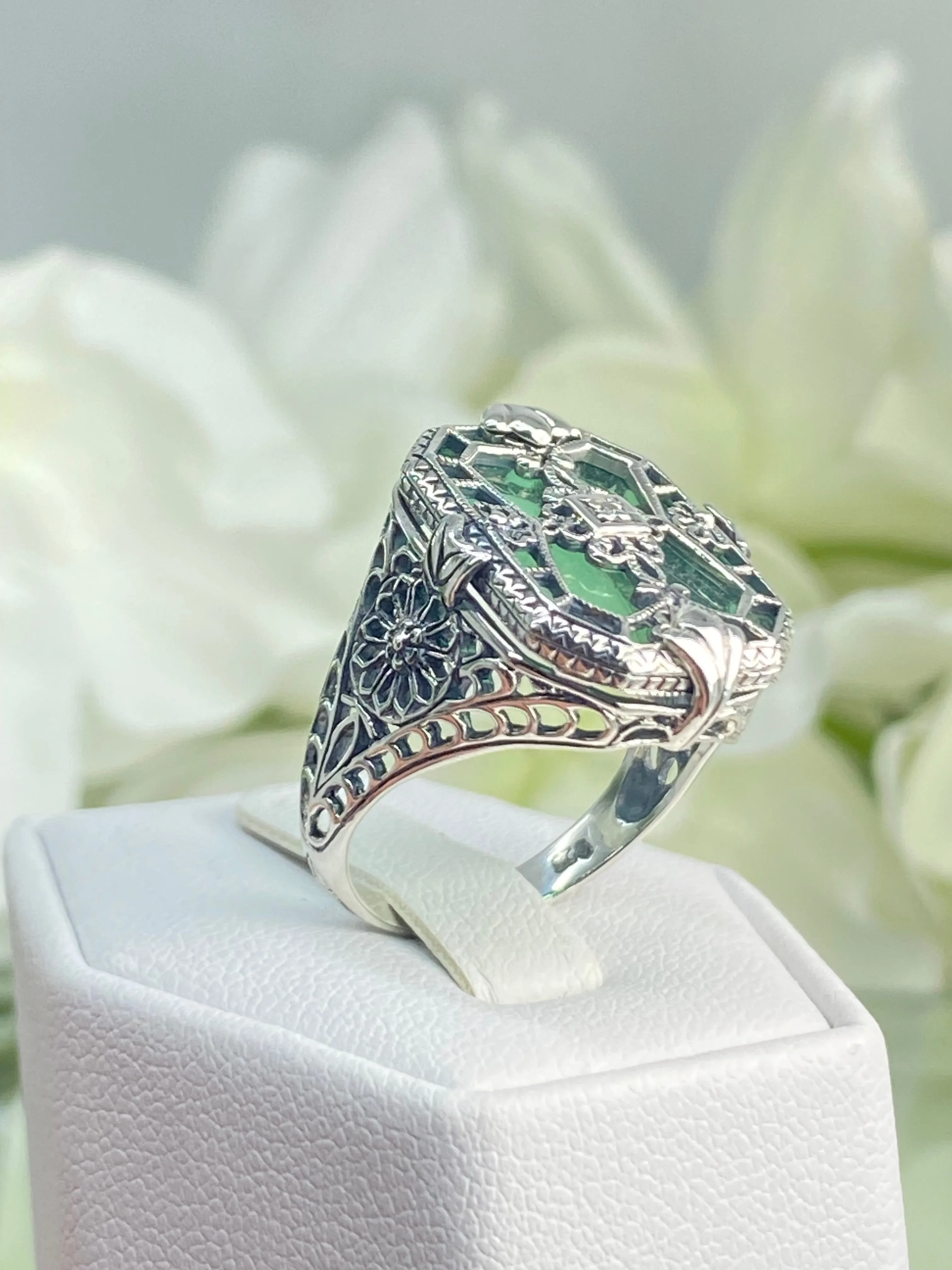 Green Camphor Glass Ring, Size 7.5, Emerald Camphor Glass & Diamond Inset Gem, Art Deco Jewelry #D203 - Ready to Ship