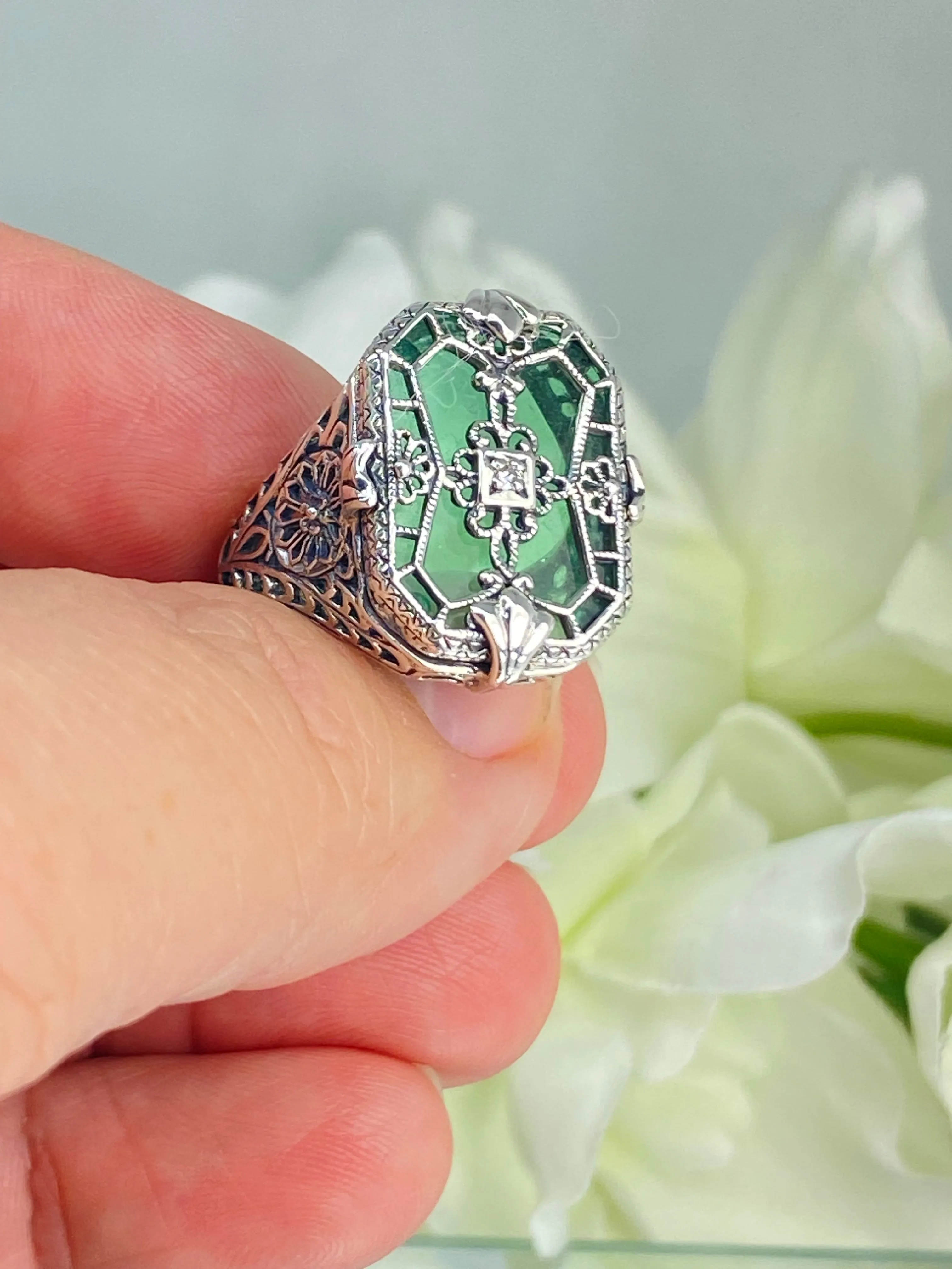 Green Camphor Glass Ring, Size 7.5, Emerald Camphor Glass & Diamond Inset Gem, Art Deco Jewelry #D203 - Ready to Ship