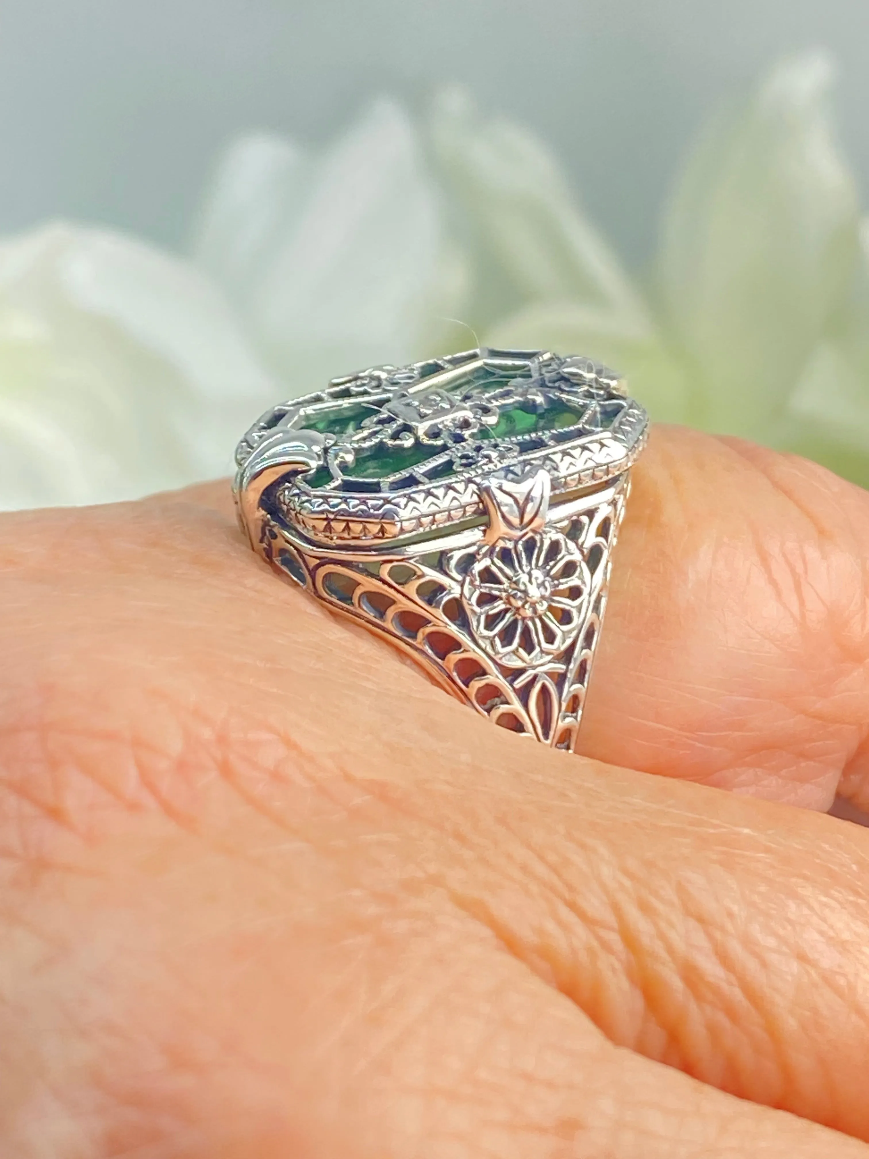 Green Camphor Glass Ring, Size 7.5, Emerald Camphor Glass & Diamond Inset Gem, Art Deco Jewelry #D203 - Ready to Ship