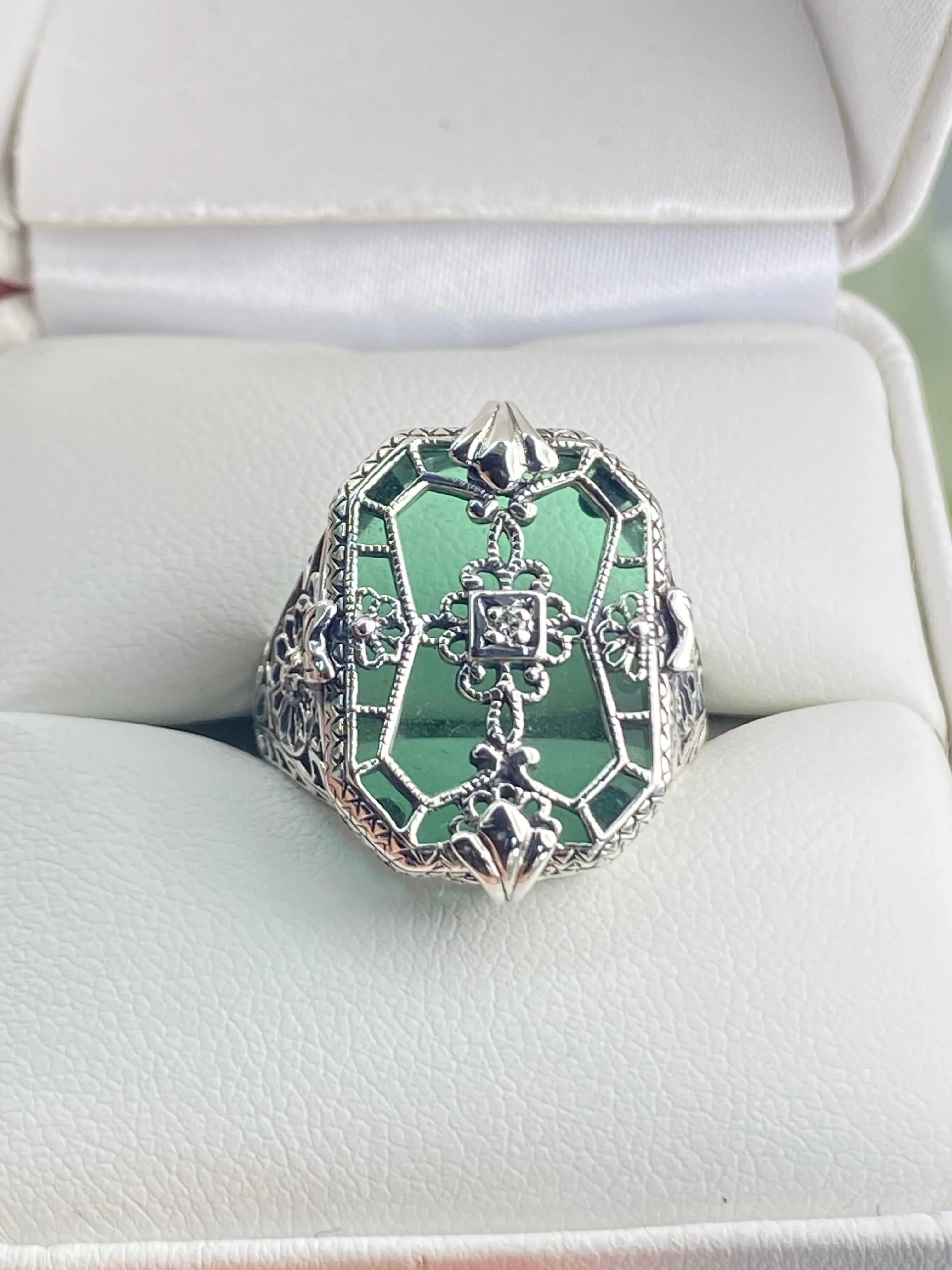Green Camphor Glass Ring, Size 7.5, Emerald Camphor Glass & Diamond Inset Gem, Art Deco Jewelry #D203 - Ready to Ship
