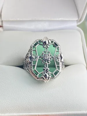 Green Camphor Glass Ring, Size 7.5, Emerald Camphor Glass & Diamond Inset Gem, Art Deco Jewelry #D203 - Ready to Ship