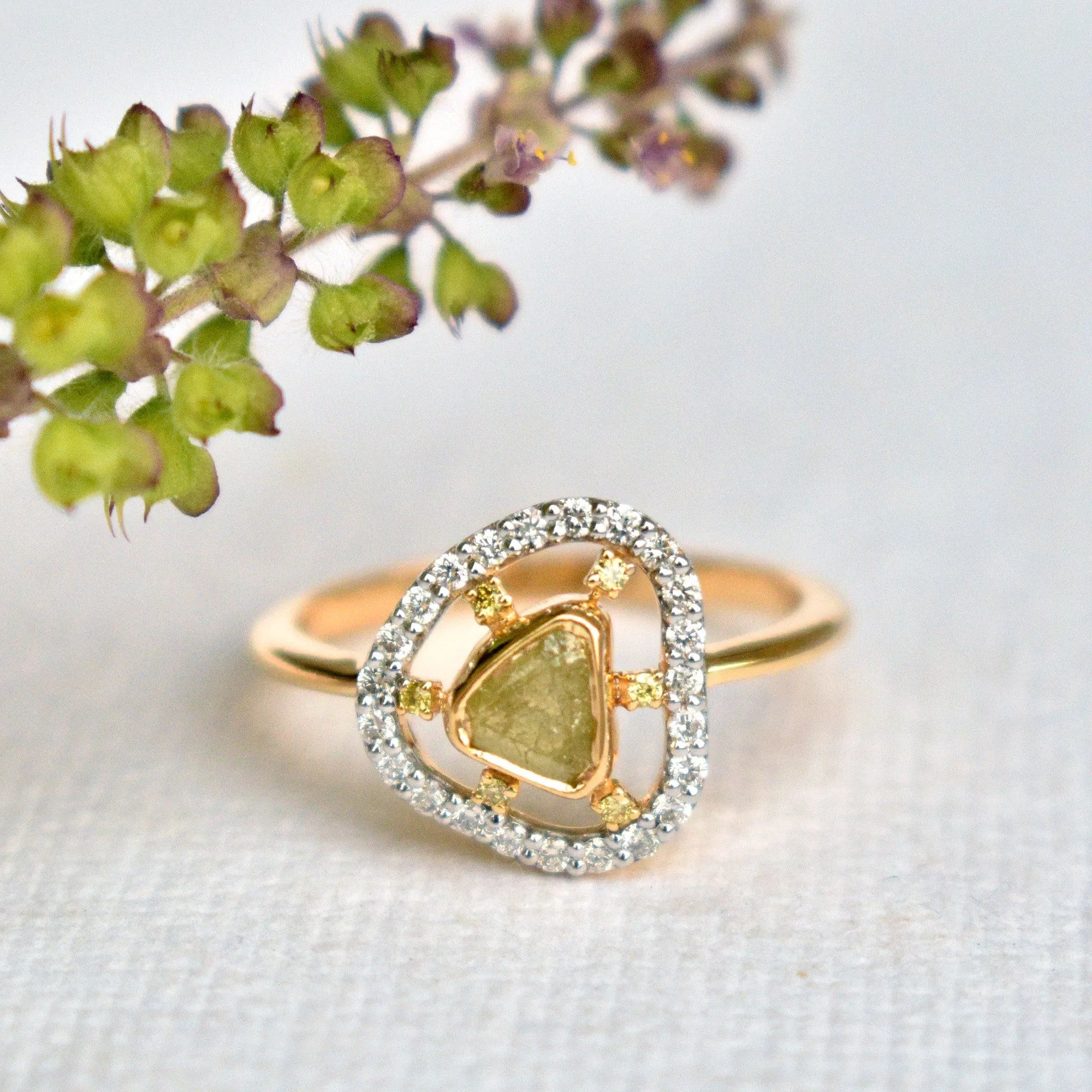 Half Carat Natural Yellow Raw Diamond with Spaced out Halo