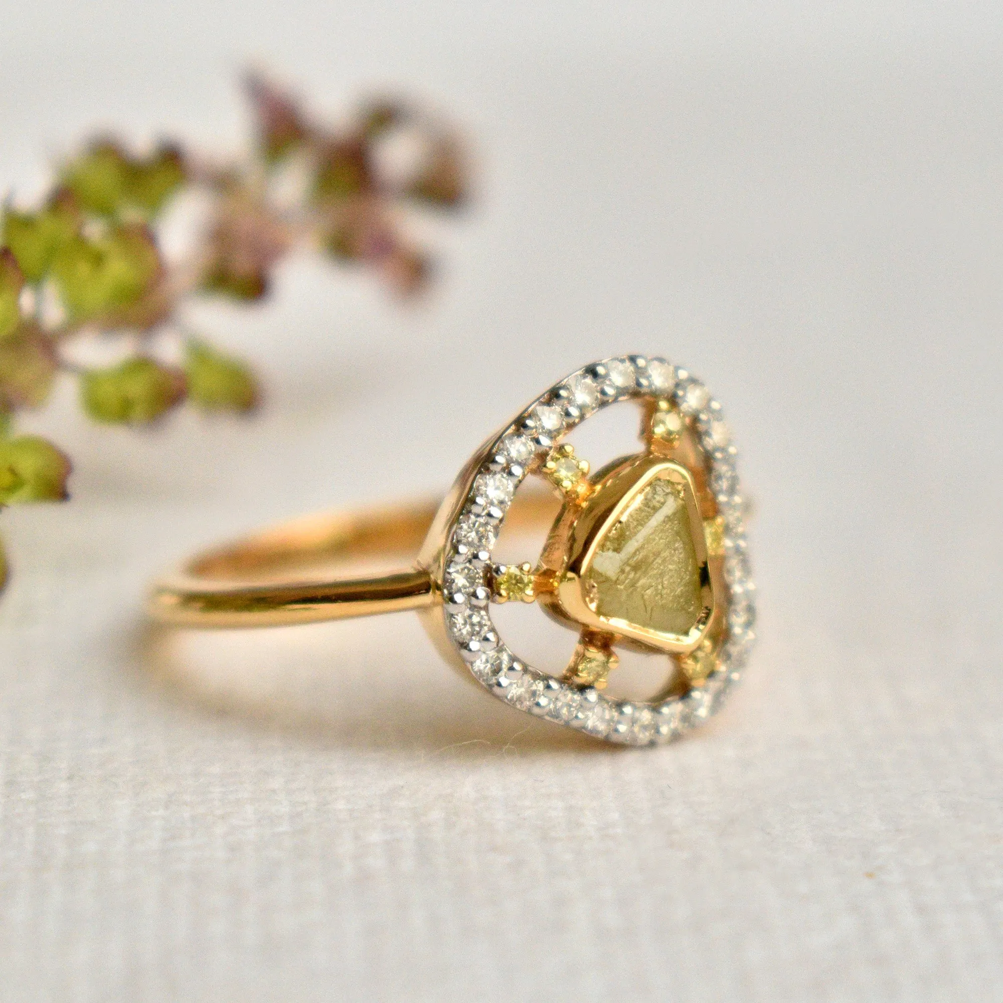 Half Carat Natural Yellow Raw Diamond with Spaced out Halo