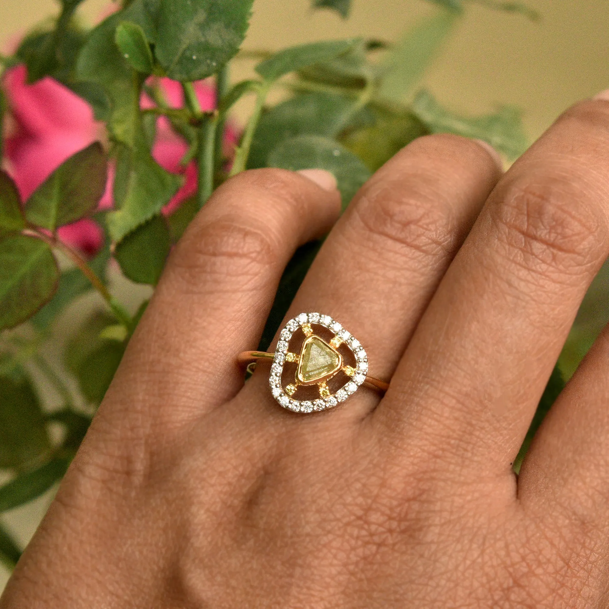 Half Carat Natural Yellow Raw Diamond with Spaced out Halo
