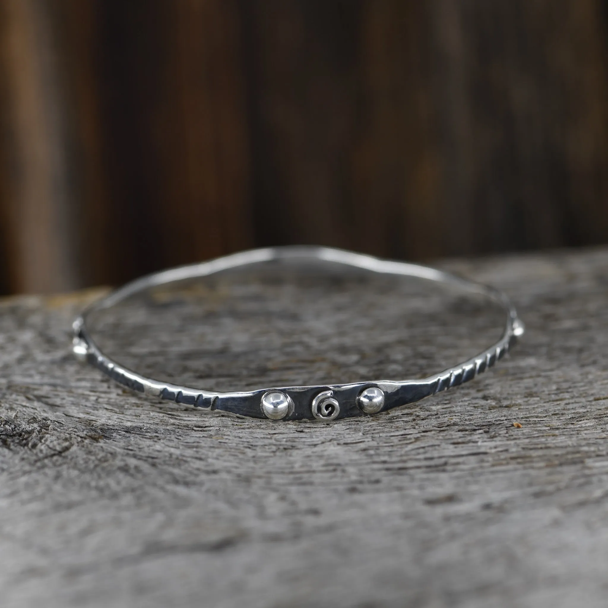 Handcrafted Sterling Silver Ball & Swirl Bangle Bracelet | Size 8"