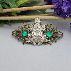 Handmade Antiqued Brass Filigree Barrette with Silver Frog Design.
