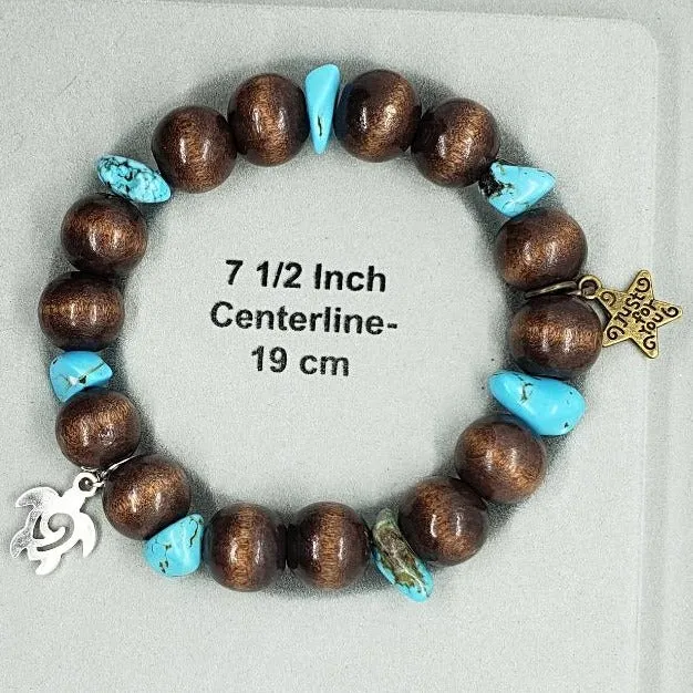 Handmade Stretch Boho Style Turtle Charm Bracelet with Vintage Star Charm