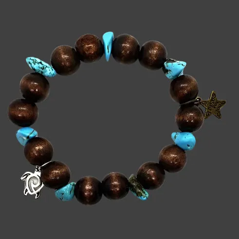 Handmade Stretch Boho Style Turtle Charm Bracelet with Vintage Star Charm