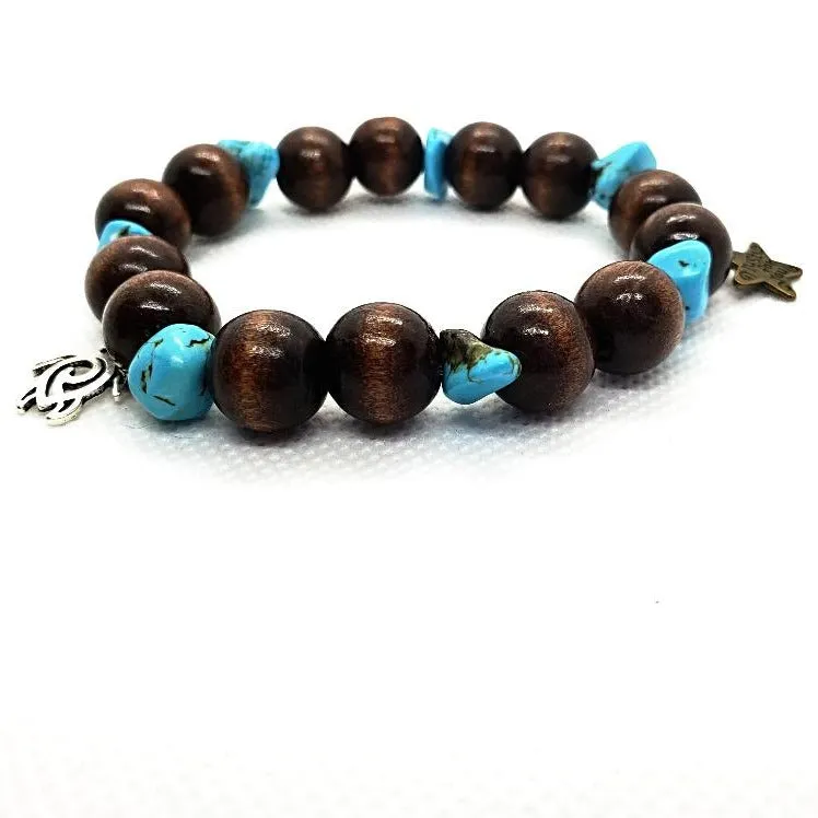 Handmade Stretch Boho Style Turtle Charm Bracelet with Vintage Star Charm