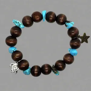 Handmade Stretch Boho Style Turtle Charm Bracelet with Vintage Star Charm