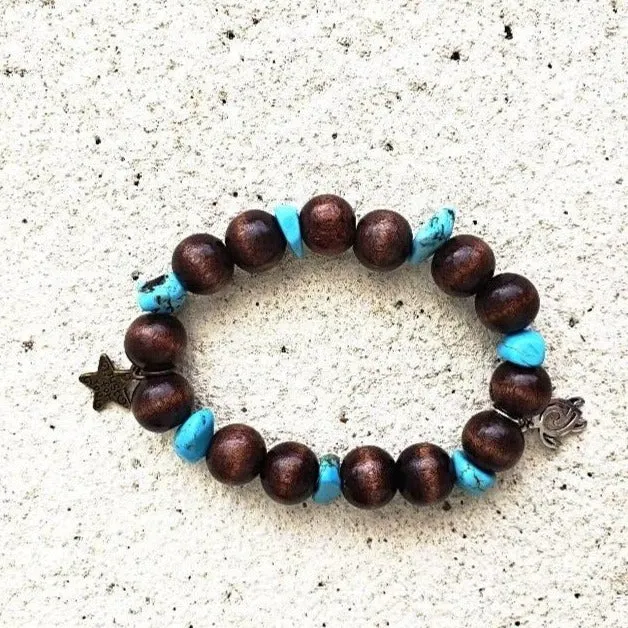 Handmade Stretch Boho Style Turtle Charm Bracelet with Vintage Star Charm