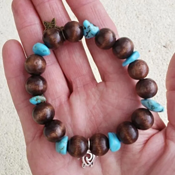 Handmade Stretch Boho Style Turtle Charm Bracelet with Vintage Star Charm