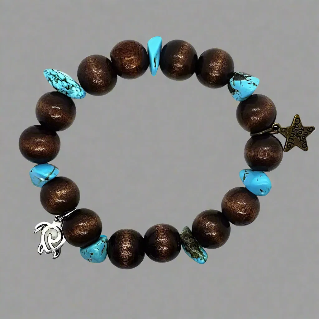 Handmade Stretch Boho Style Turtle Charm Bracelet with Vintage Star Charm