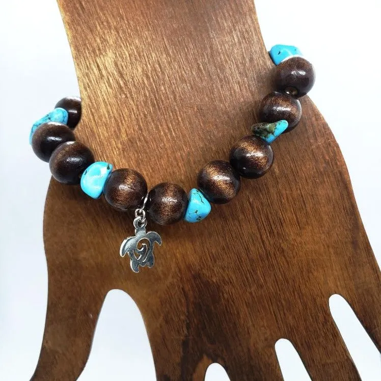 Handmade Stretch Boho Style Turtle Charm Bracelet with Vintage Star Charm