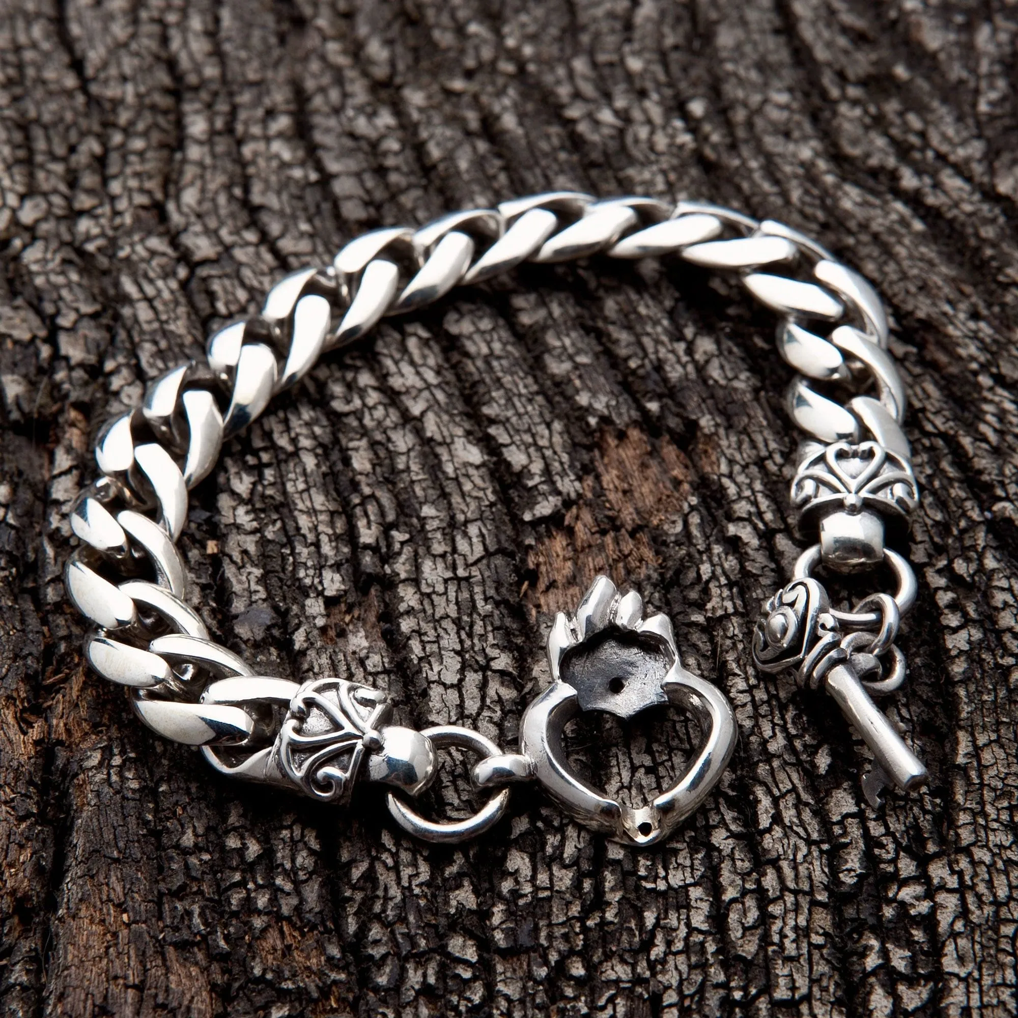 Heart Key Curb Sterling Silver Bracelet