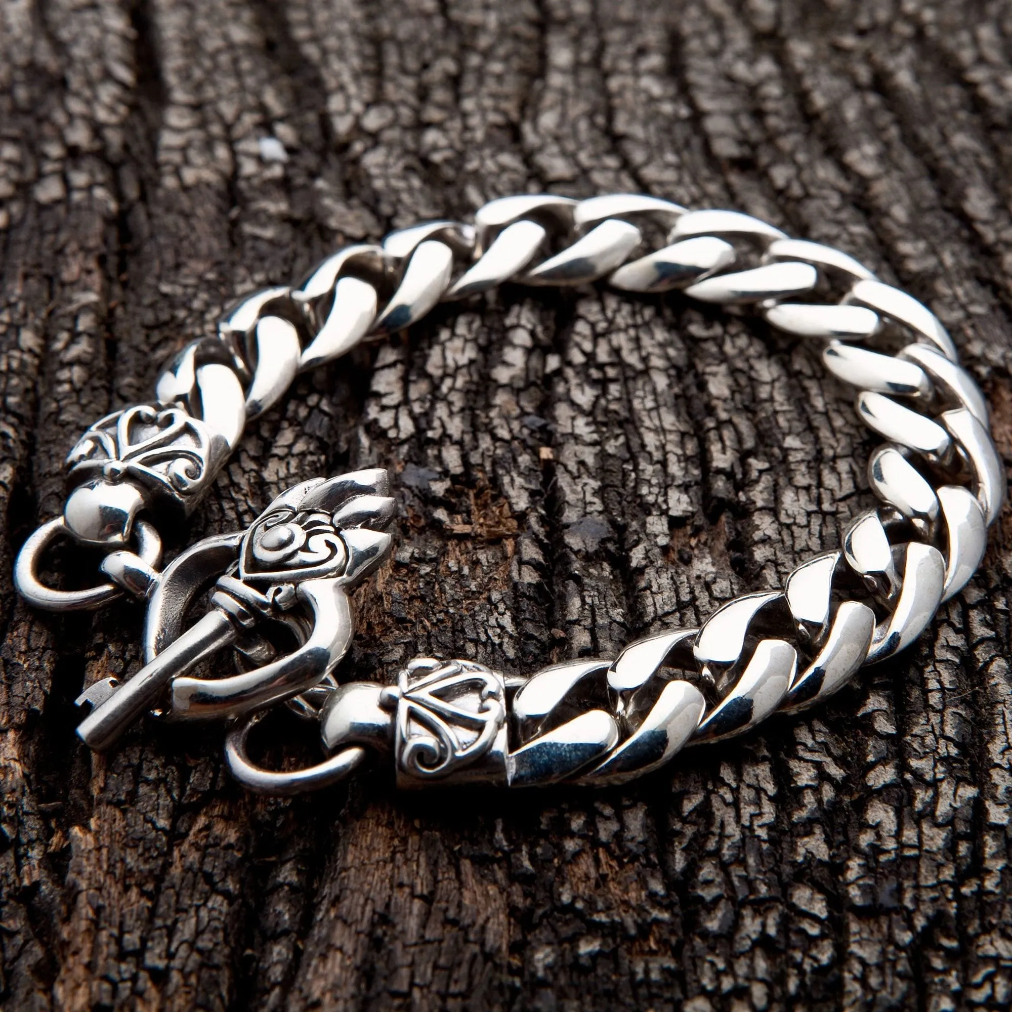 Heart Key Curb Sterling Silver Bracelet