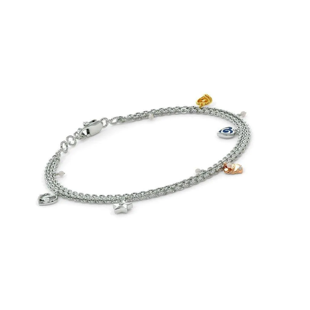 Hearts Charm Bracelet Diamond 14k Solid White Gold Handmade, Charm Bracelet, Designer Bracelet, White Gold Bracelet, Diamond Bracelet