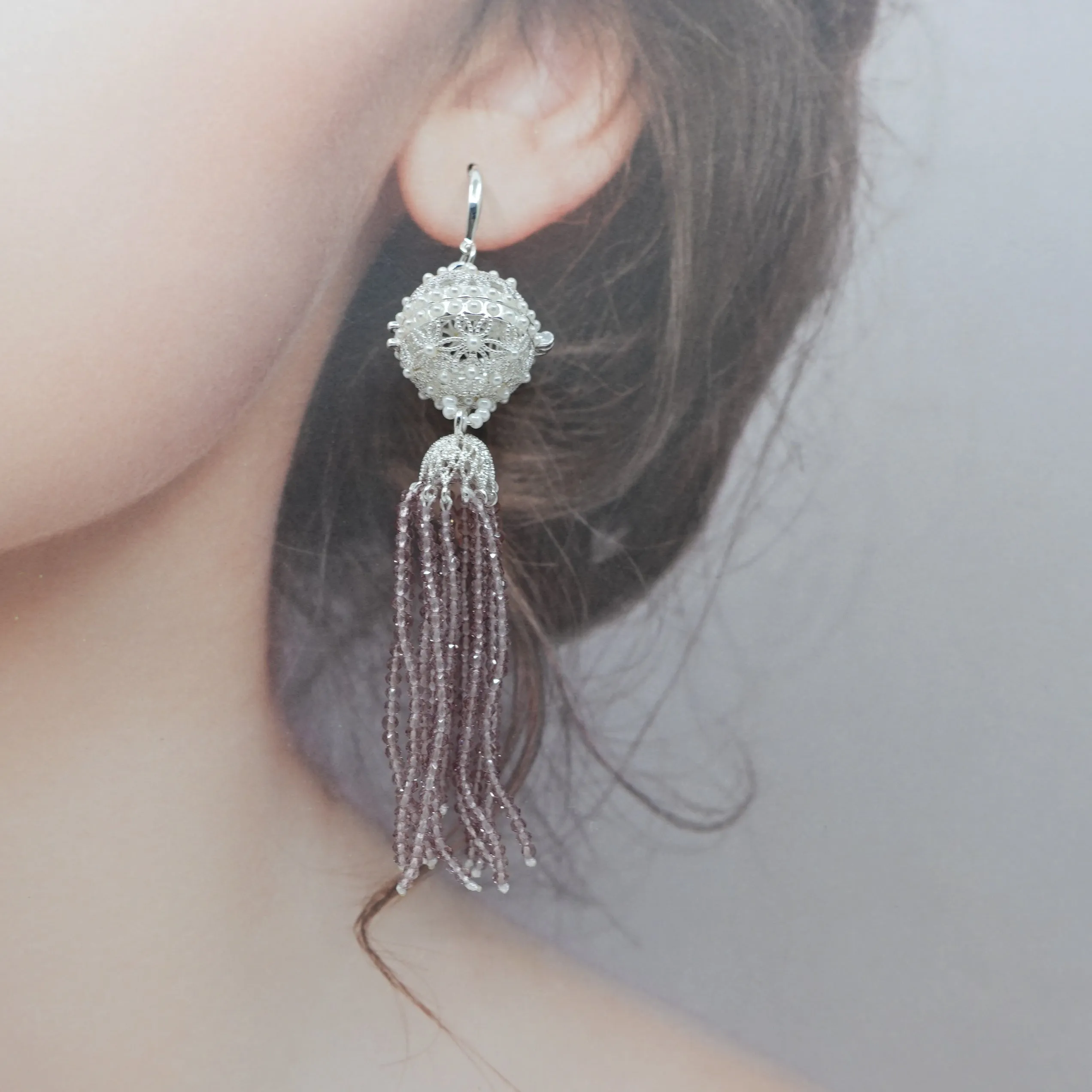 Herbal Locket Crystal Tassel Earrings - Mauve Zirconia