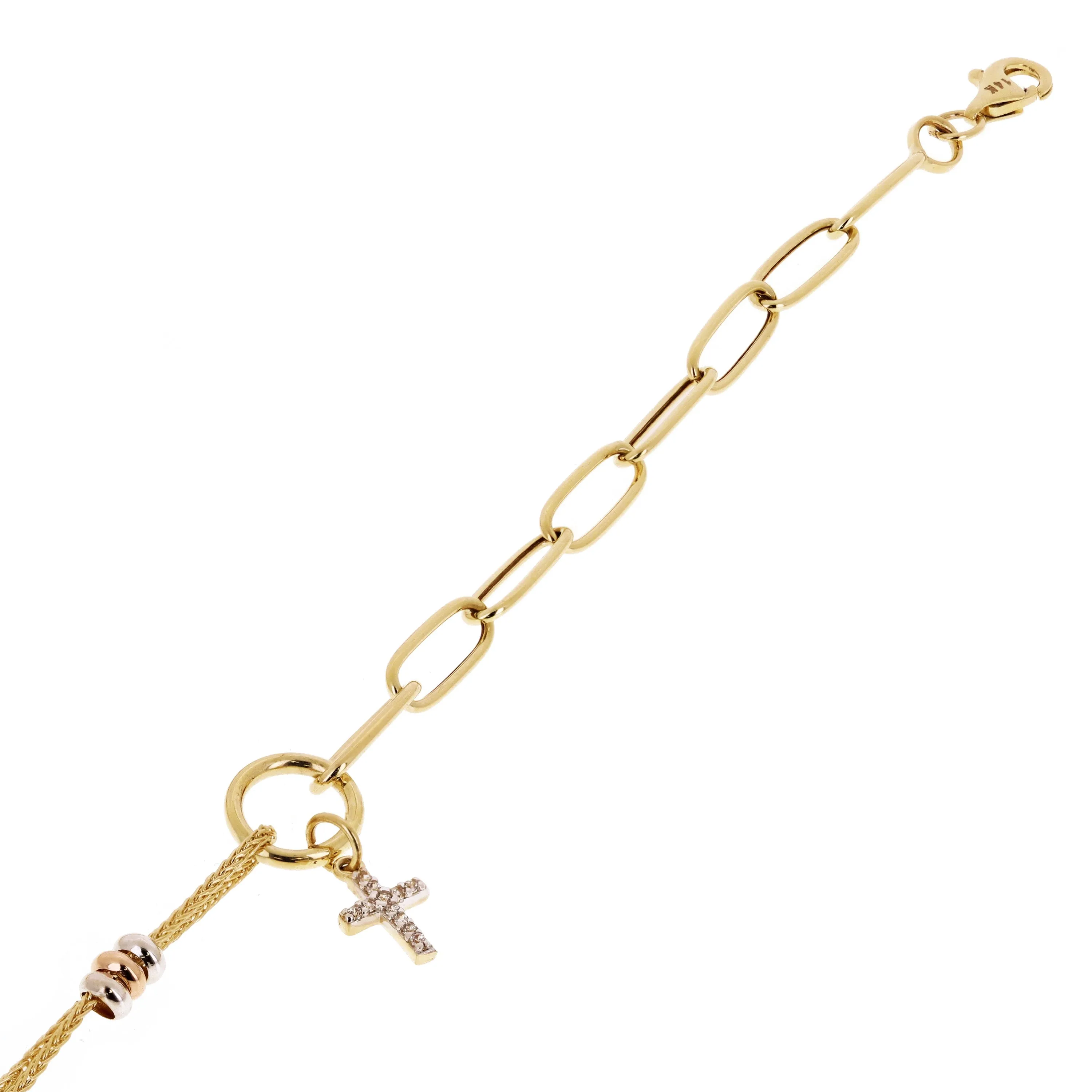 Italian 14k Tri Color Gold Wheat & Paper Clip Cross Charm Bracelet 7.5" 2.9 grams