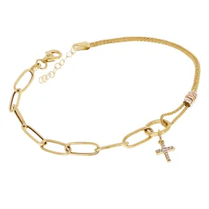 Italian 14k Tri Color Gold Wheat & Paper Clip Cross Charm Bracelet 7.5" 2.9 grams