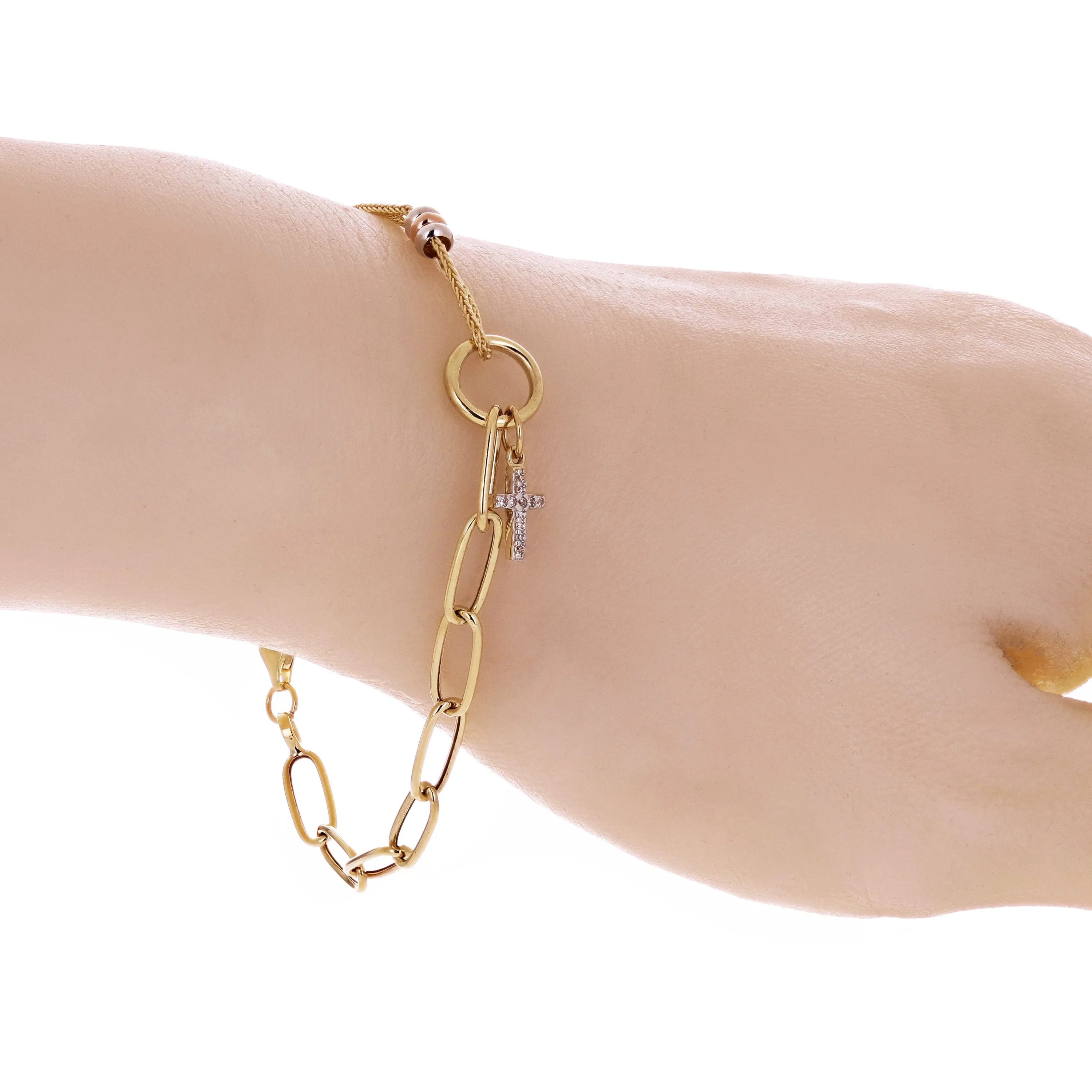 Italian 14k Tri Color Gold Wheat & Paper Clip Cross Charm Bracelet 7.5" 2.9 grams
