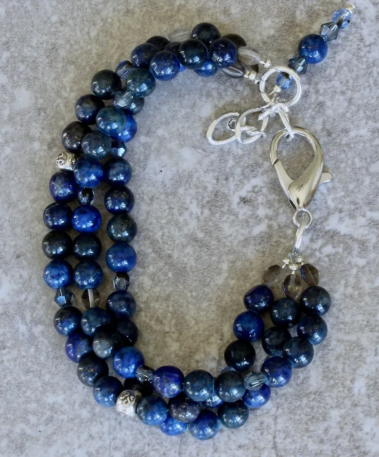 Lapis Lazuli Rounds 3-Strand Bracelet with Hill Tribe Silver Rondelles, Czech Glass and a Sterling Silver Lobster Clasp & Extension Chain