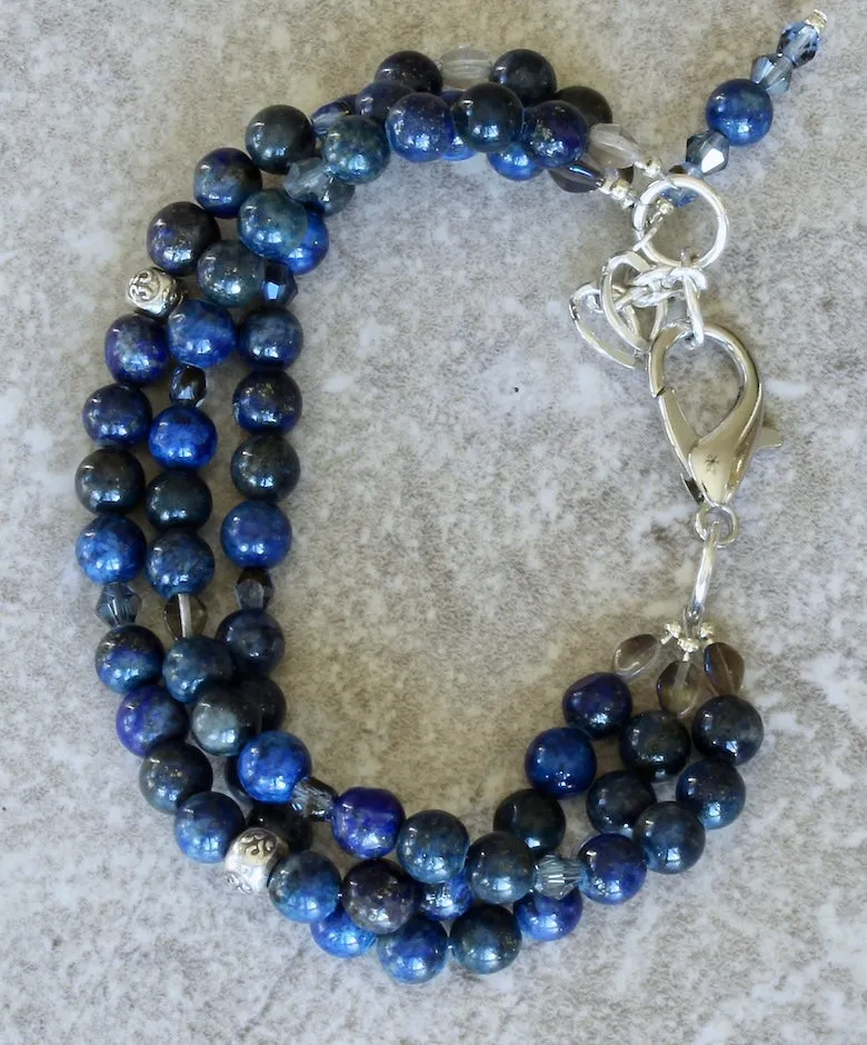 Lapis Lazuli Rounds 3-Strand Bracelet with Hill Tribe Silver Rondelles, Czech Glass and a Sterling Silver Lobster Clasp & Extension Chain