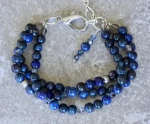 Lapis Lazuli Rounds 3-Strand Bracelet with Hill Tribe Silver Rondelles, Czech Glass and a Sterling Silver Lobster Clasp & Extension Chain