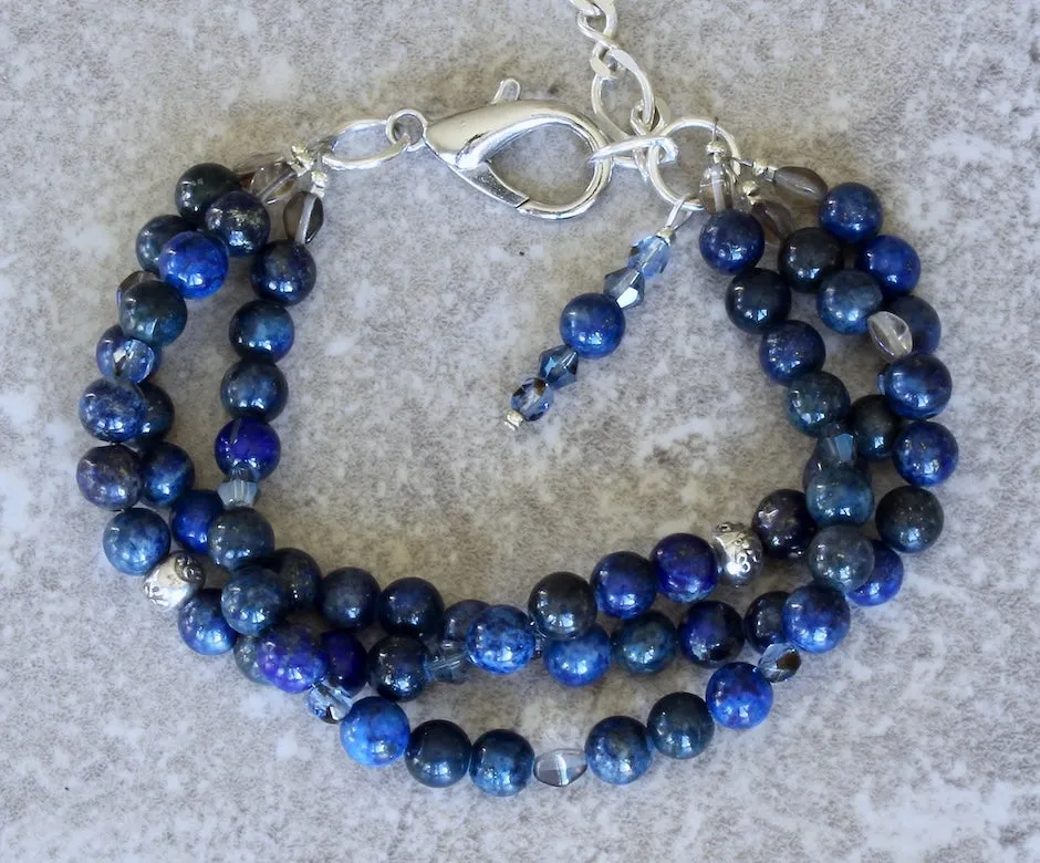 Lapis Lazuli Rounds 3-Strand Bracelet with Hill Tribe Silver Rondelles, Czech Glass and a Sterling Silver Lobster Clasp & Extension Chain