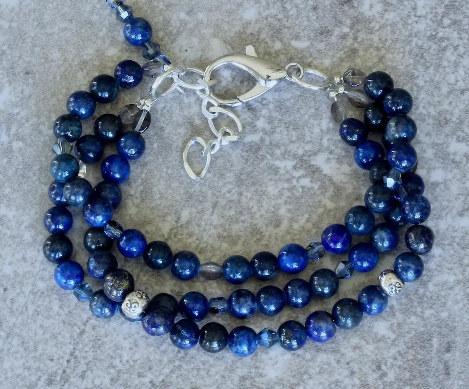 Lapis Lazuli Rounds 3-Strand Bracelet with Hill Tribe Silver Rondelles, Czech Glass and a Sterling Silver Lobster Clasp & Extension Chain