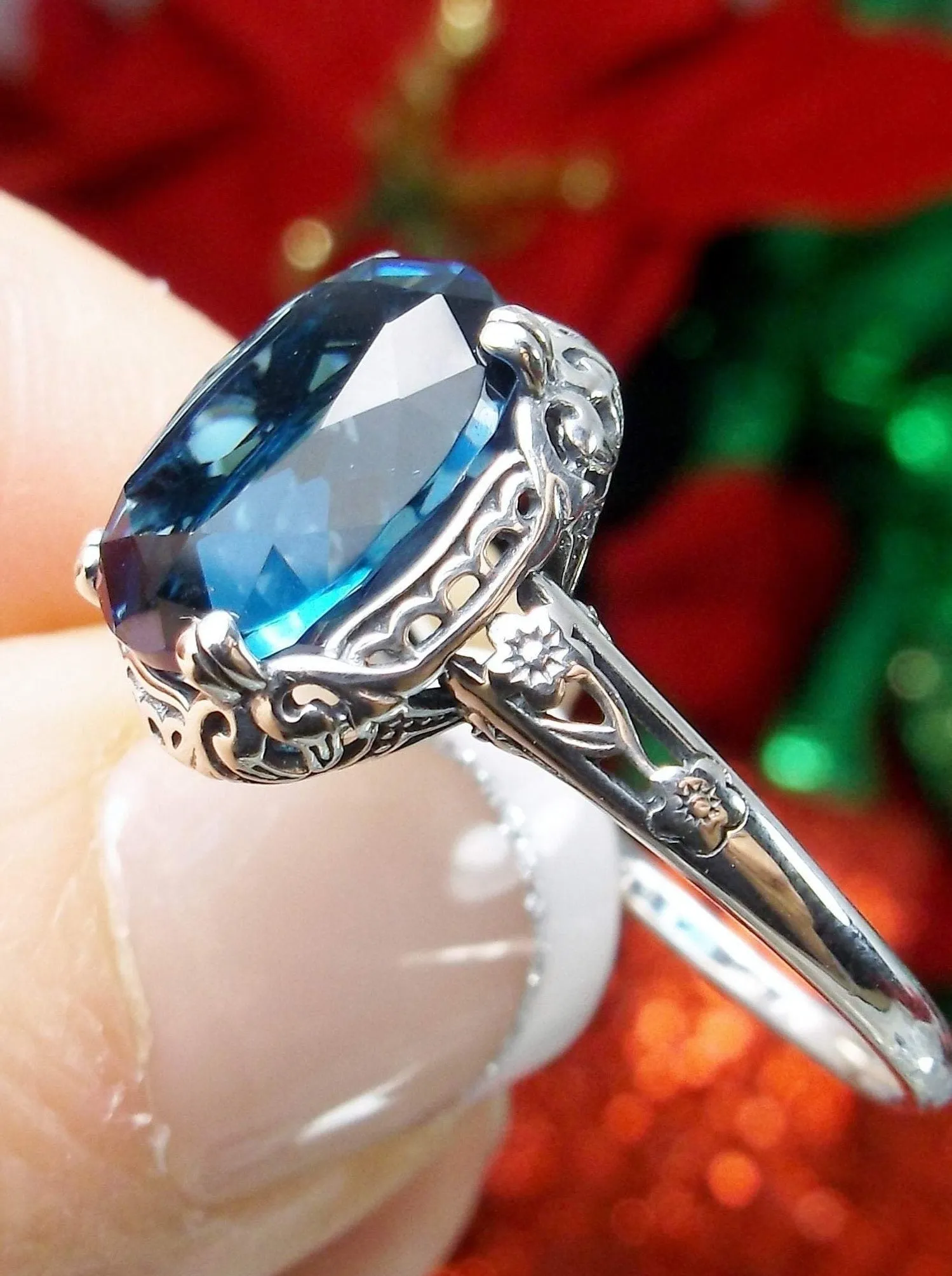 London Blue Topaz Ring, Edwardian Antique Reproduction Jewelry #D70z