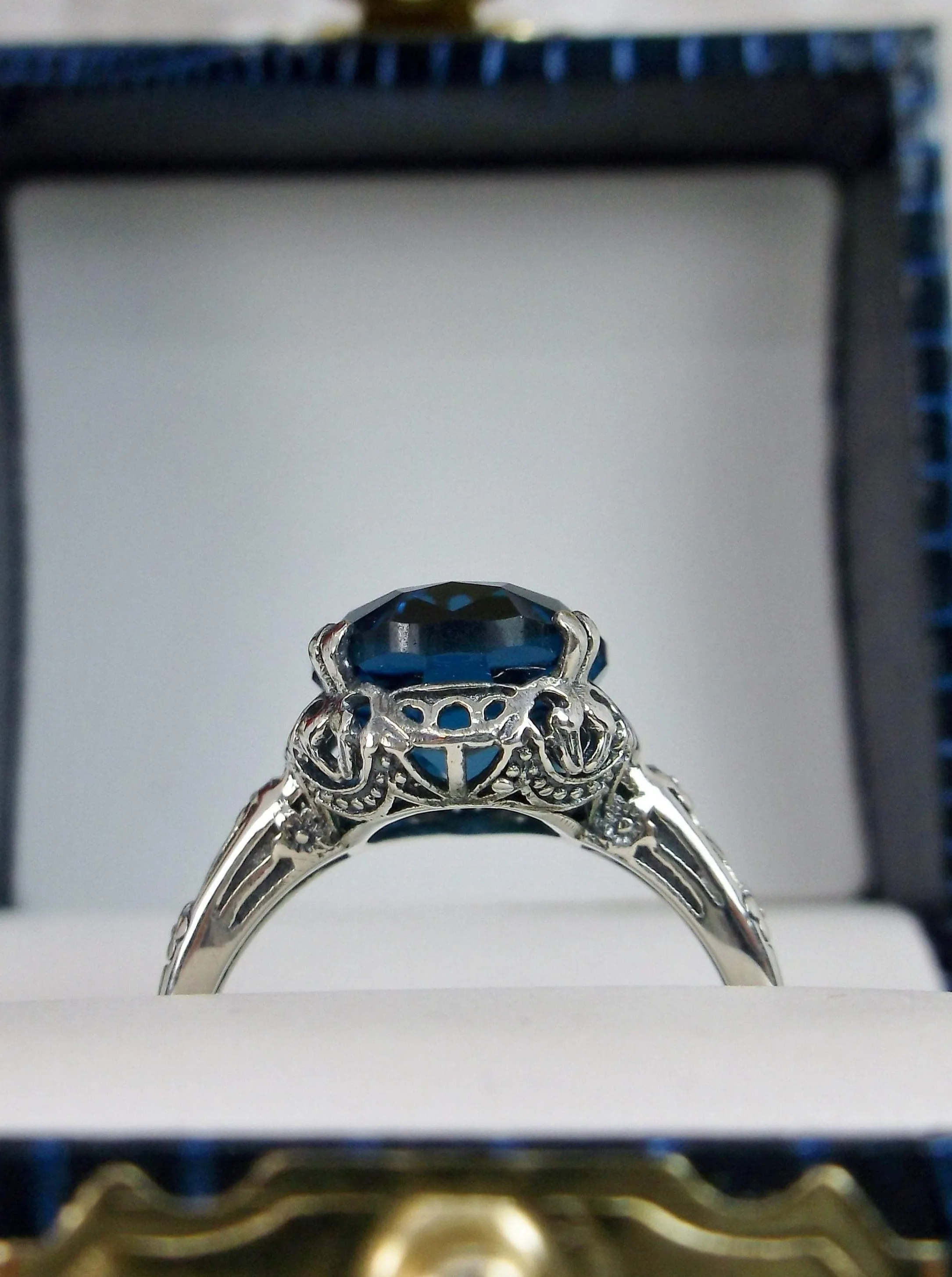 London Blue Topaz Ring, Edwardian Antique Reproduction Jewelry #D70z