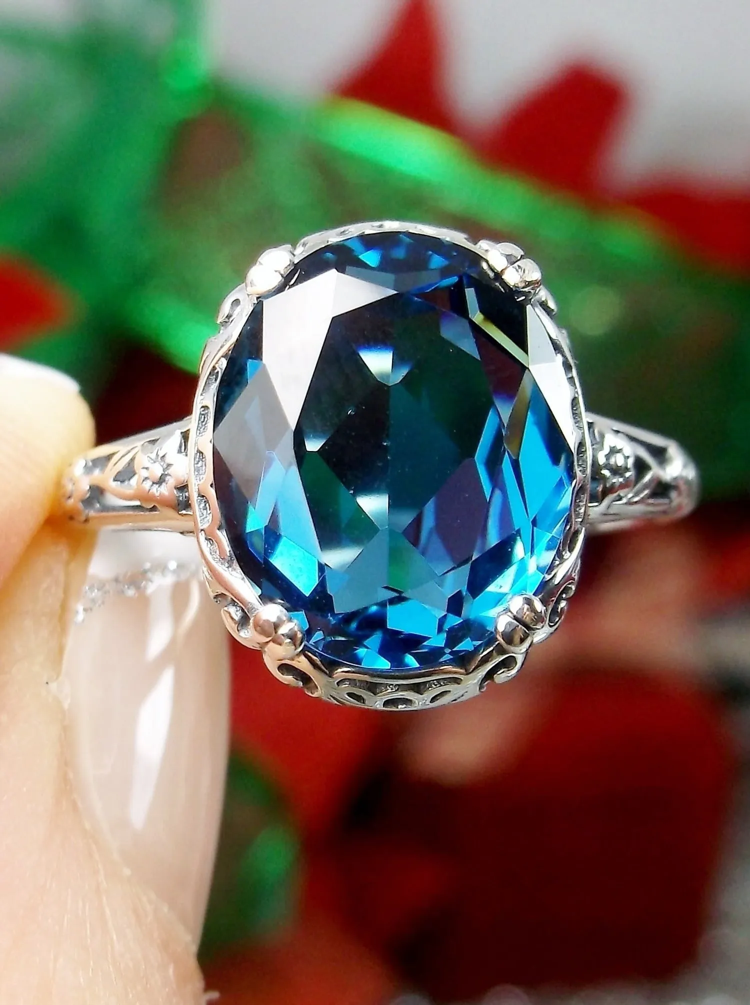 London Blue Topaz Ring, Edwardian Antique Reproduction Jewelry #D70z