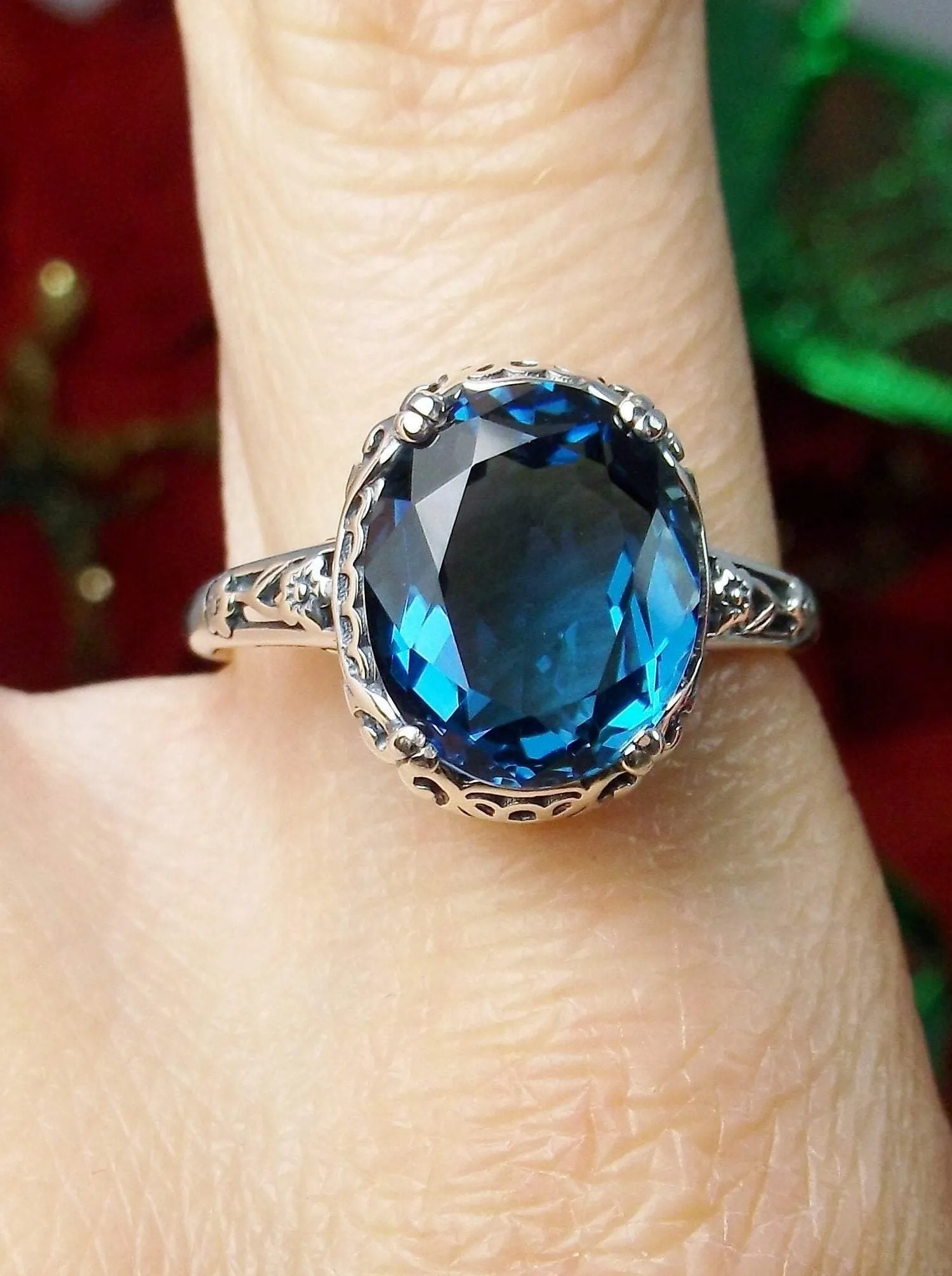 London Blue Topaz Ring, Edwardian Antique Reproduction Jewelry #D70z